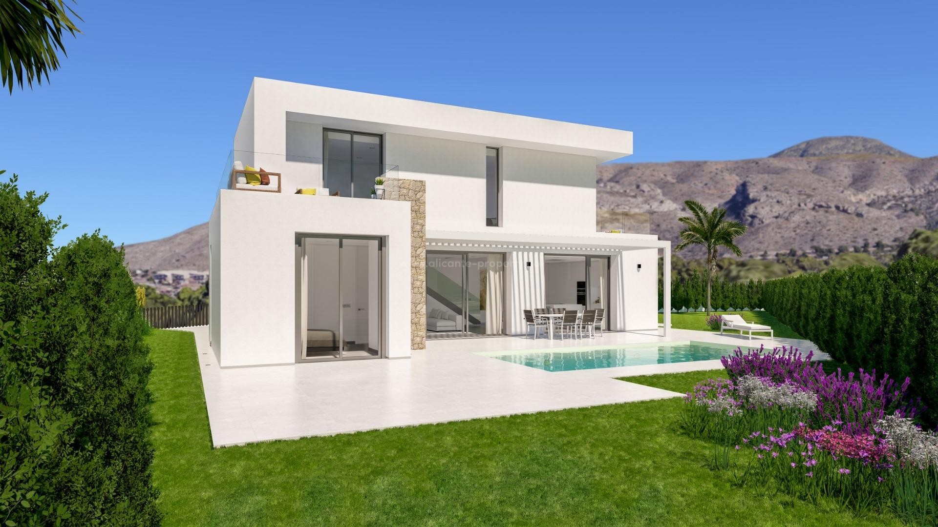 Finestrat with new villas/houses with sea views in Sierra Cortina, 3 bedrooms, 3 bathrooms, terrace with fantastic views of Benidorm, private garden with pool