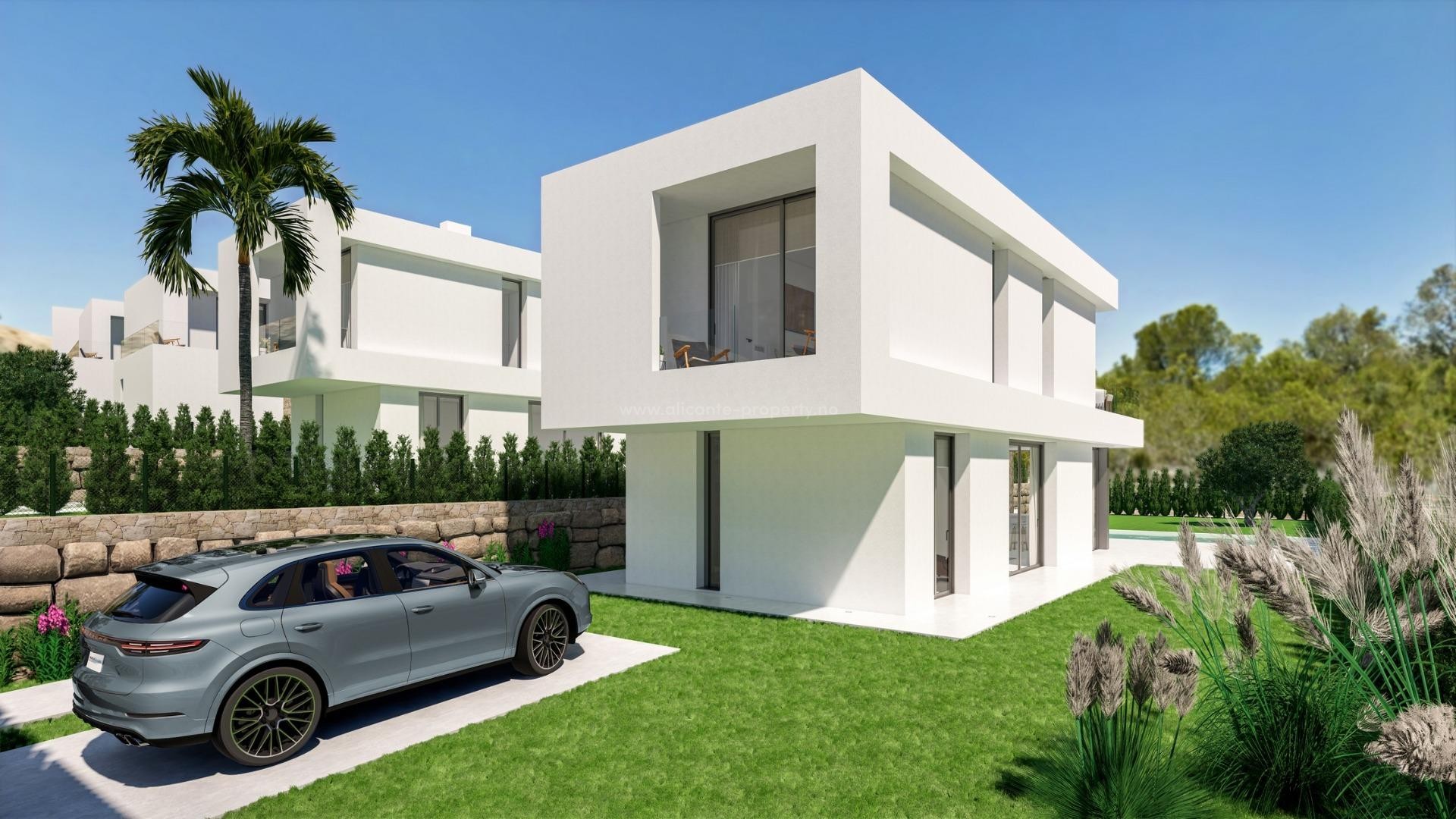 Finestrat with new villas/houses with sea views in Sierra Cortina, 3 bedrooms, 3 bathrooms, terrace with fantastic views of Benidorm, private garden with pool