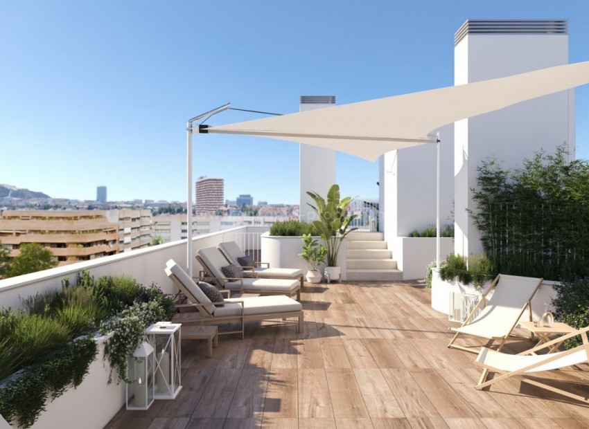 Flats/apartments in Alicante city for sale, homes with 2/3/4 bedrooms, 2 bathrooms, roof terrace with a fantastic swimming pool. Gym in the complex