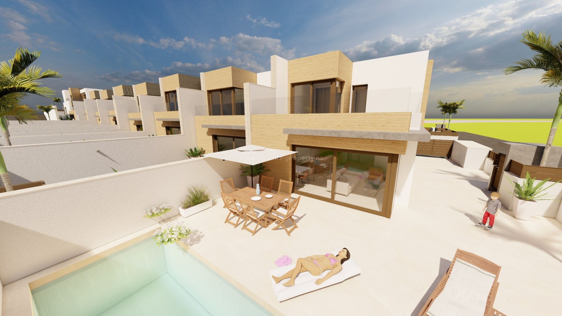 Forskjellige rekkehus og villas i La Finca Golf i Algorfa. 2 eller 3 soverom. Opptil 4 bad,  store terrasser, privat basseng og parkering utenfor.