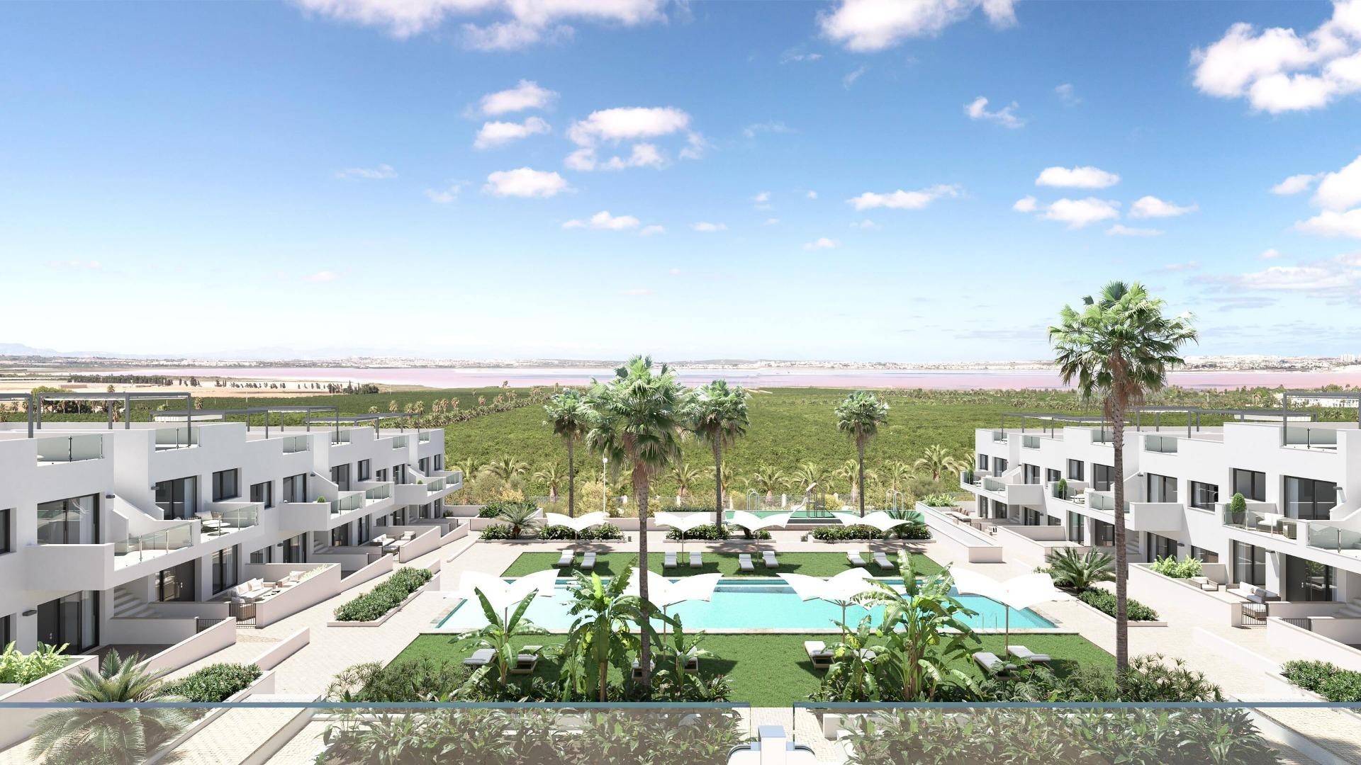 Helt nye bungalow-leiligheter i Los Balcones, Torrevieja, 2/3 soverom, 2 bad, flott bassengområde med hage, spektakulær utsikt over rosa lagune