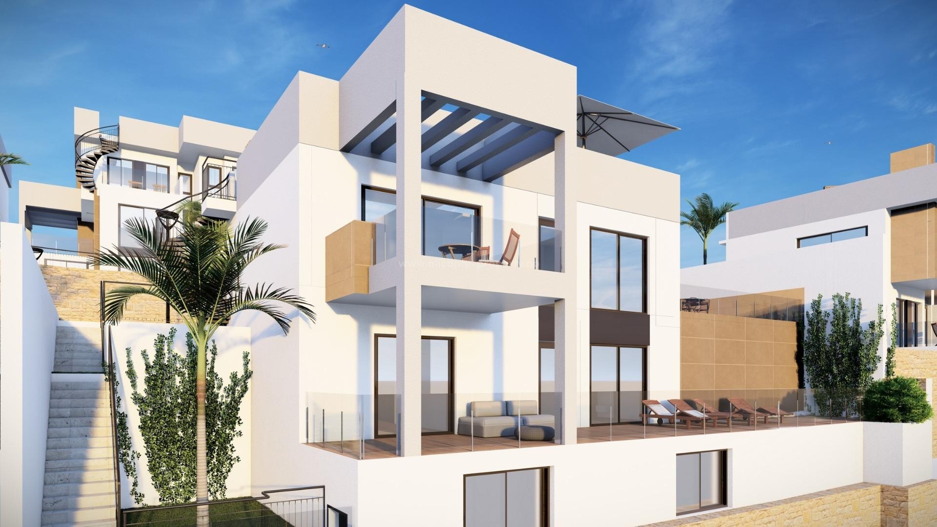 Helt nye hus/villaer i La Finca Golf, Algorfa, 2 soverom, 2 bad, terrasse og solarium, halv-kjeller og hage med parkering. Mulig med privat basseng