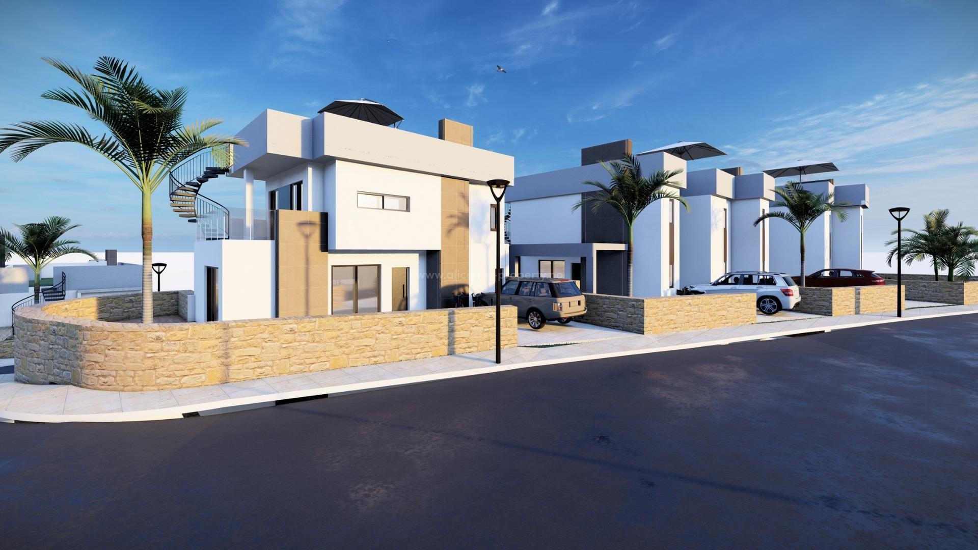 Helt nye hus/villaer i La Finca Golf, Algorfa, 2 soverom, 2 bad, terrasse og solarium, halv-kjeller og hage med parkering. Mulig med privat basseng