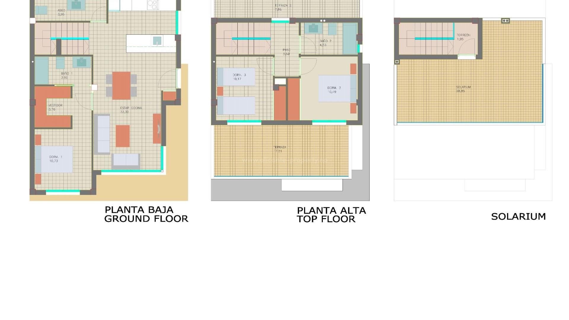 Helt nye hus/villaer i Pilar de La Horadada, 3 soverom, 2 bad, hage med basseng terrasse, solarium og kjeller med parkering