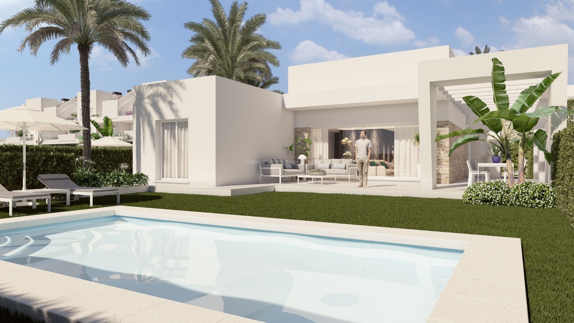 Helt nye imponerende villaer/hus i La Finca Golf, 3 soverom og 2 bad, hage med privat svømmebasseng, uteområde på stor terrasse