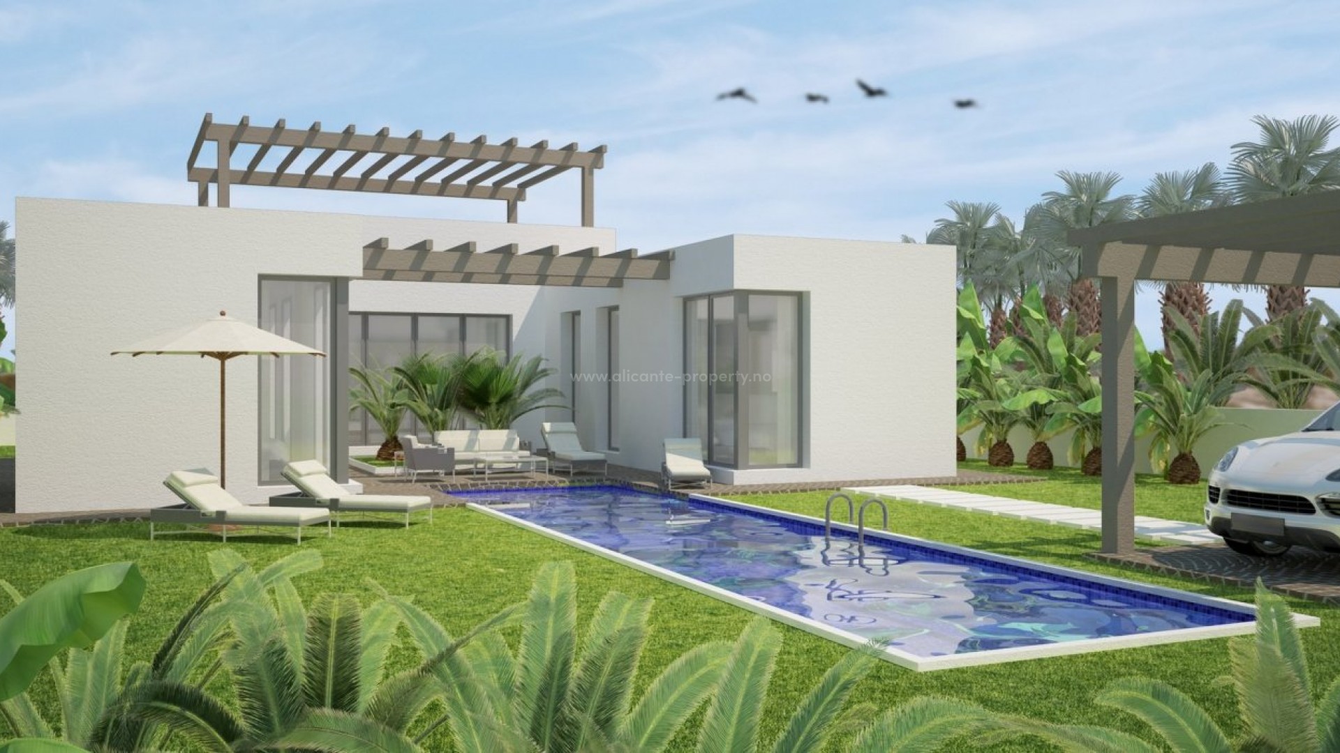 Helt nye moderne hus/villaer i Benijofar, 3 soverom, 2 bad, terrasse, privat hage med basseng og flott utsikt, egen pakeringsplass