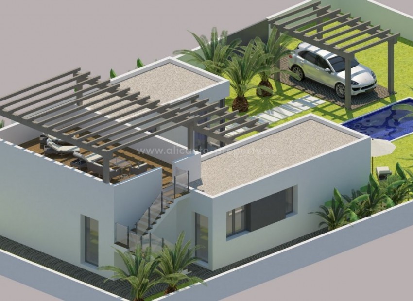 Helt nye moderne hus/villaer i Benijofar, 3 soverom, 2 bad, terrasse, privat hage med basseng og flott utsikt, egen pakeringsplass