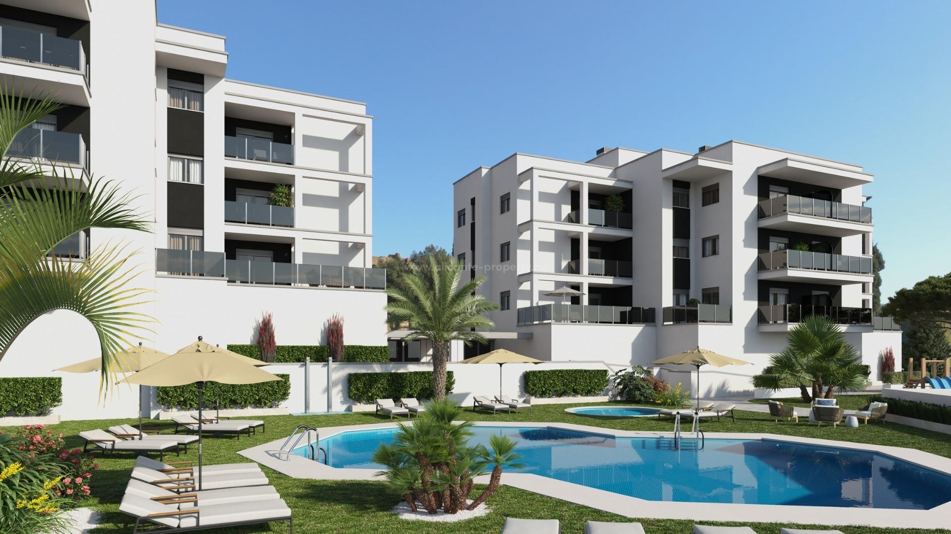 Helt nytt boligkompleks med leiligheter/toppleiligheter i Villajoyosa, 2/3 soverom, 2 bad, terrasser, fellesområder med basseng, alle med parkeringsplass