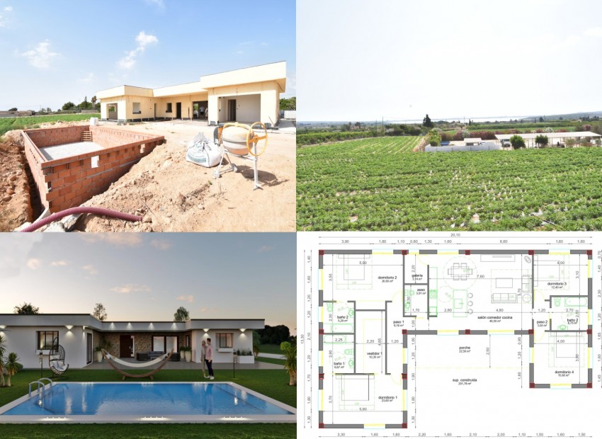 Hus/villa delvis bygget i Los Montesinos, 4 soverom, 3 bad og gjestetoalett, garasje på 24m2. Husene bygges på bestilling slik at tilpasninger er normalen.
