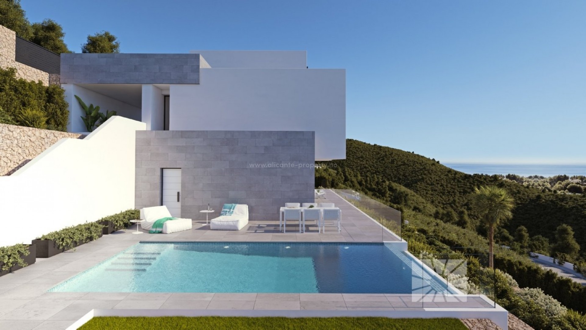 Imponerende luksus-villa i Sierra de Altea med havutsikt, 4 soverom, 6 bad, med stort svømmebasseng, terrasser og veranda. Villaen er utstyrt med heis .