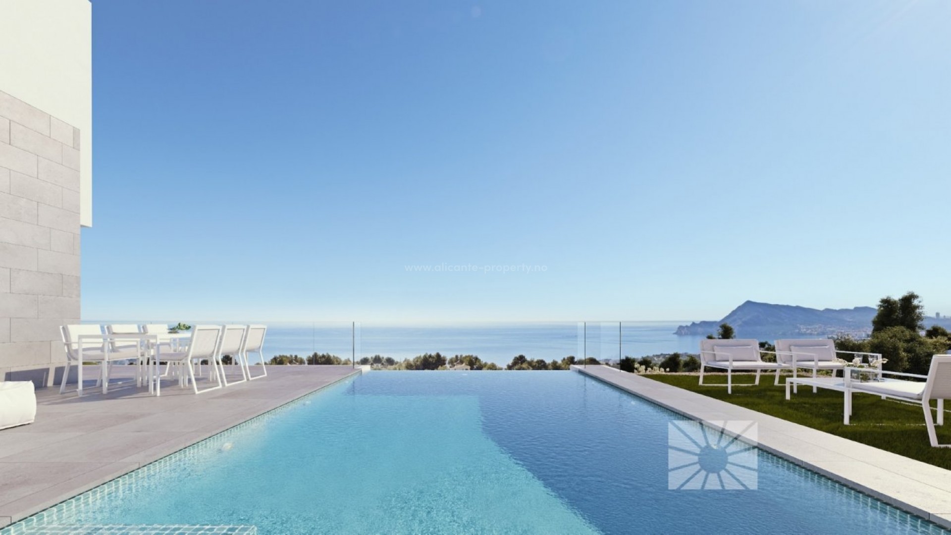 Impressive luxury villa in Sierra de Altea with sea views, 4 bedrooms, 6 bathrooms, with large swimming pool, terraces and veranda. The villa is equipped with a lift.
