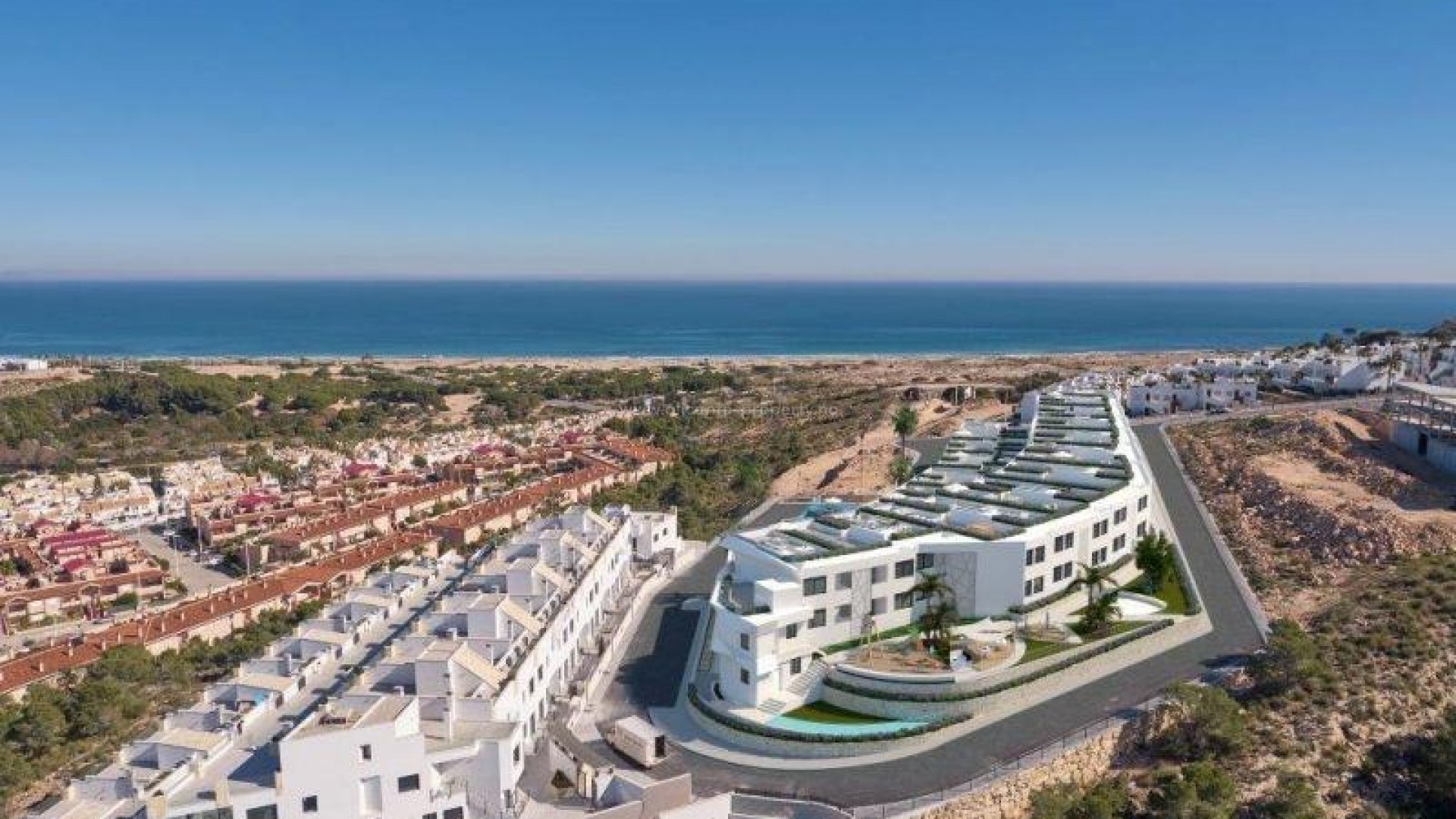 Leiligheter med 2/3 soverom i Gran Alacant i Santa Pola med havutsikt over Carabassi-beach, store terrasse og privat solarium, felles bassenger, jacuzzi
