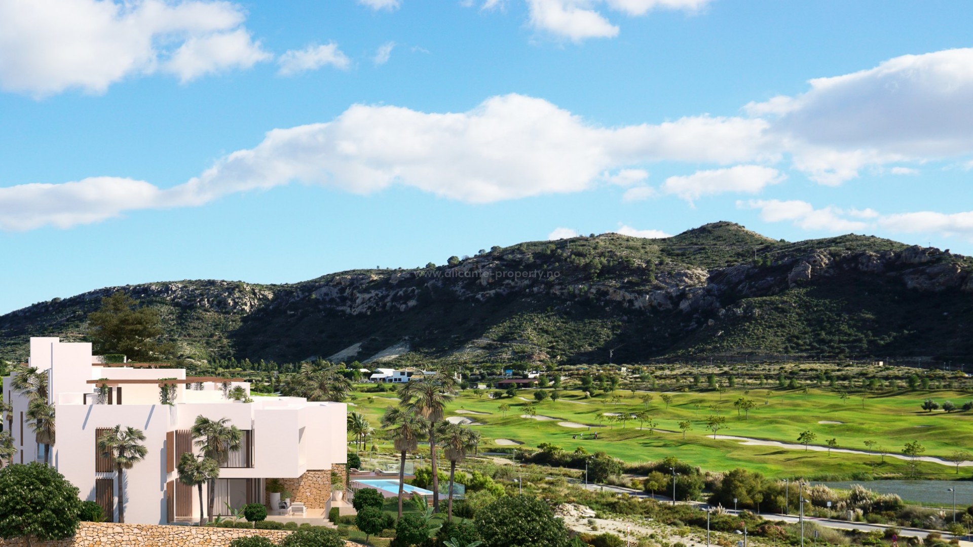 Leiligheter/rekkehus utsikt til Font del Llop golfbane, 2 og 3 sover.,solarium, pool.Leilighetene har et felles basseng og grønne områder. Privat parkering