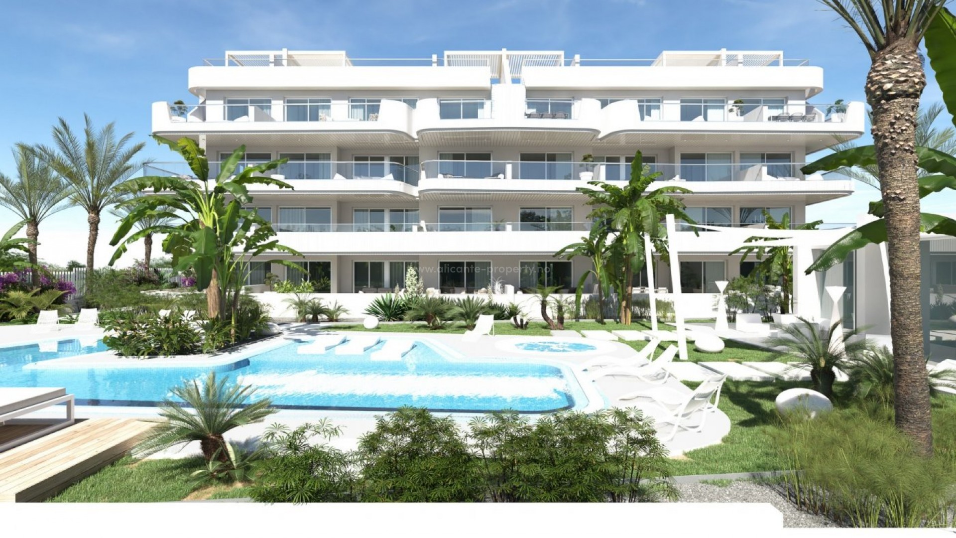 Luksus-boliger i Lomas de Cabo Roig, leiligheter og toppleiligheter, 2/3 soverom og 2 bad, fellesarealer, hage og lekeområde rundt, stort svømmebasseng