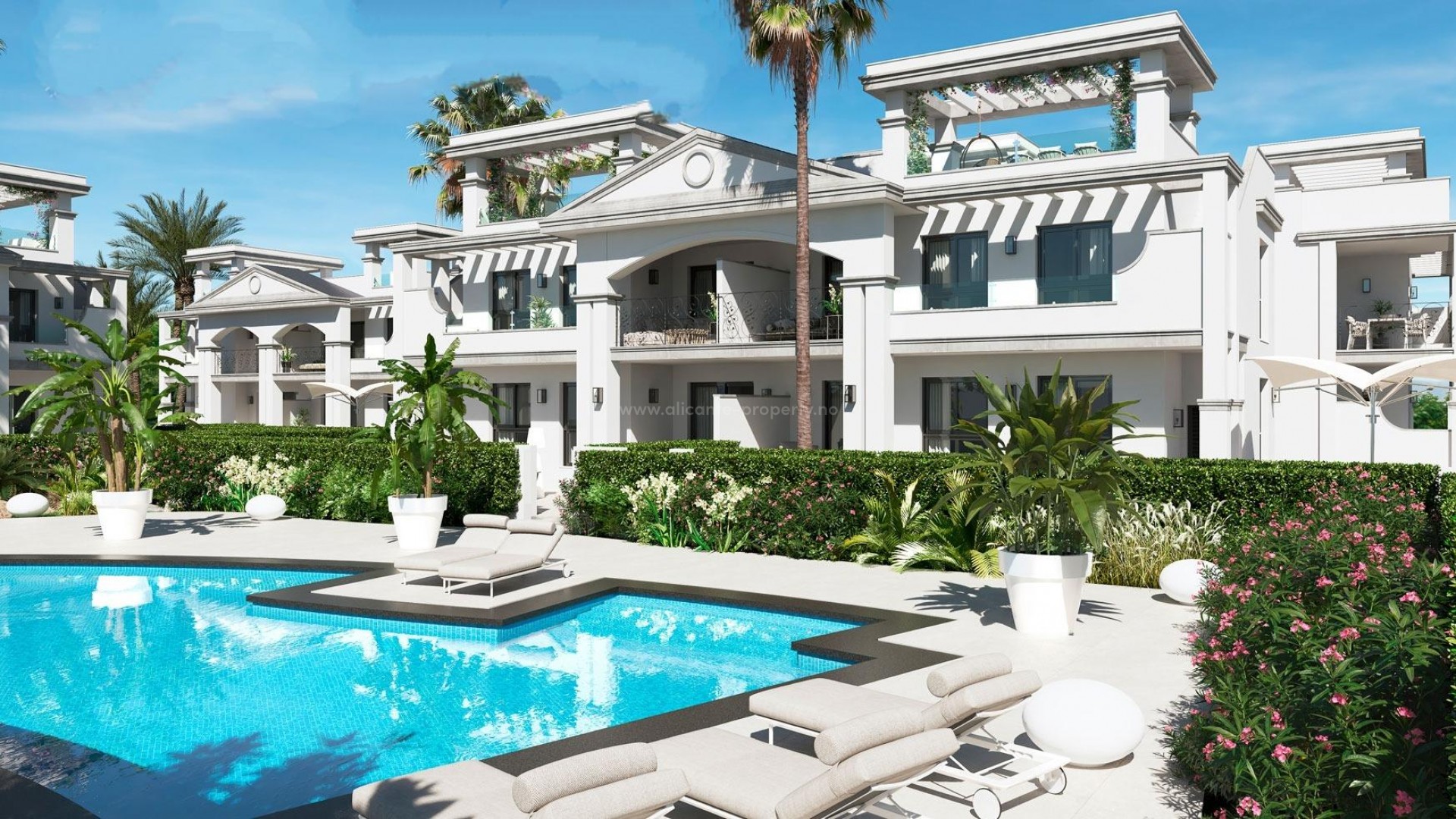 Luksus-leiligheter og bungalows i Ciudad Quesada, Alicante,  3/4 soverom, takterrasse. Grønne områder med svømmebasseng, privat parkering