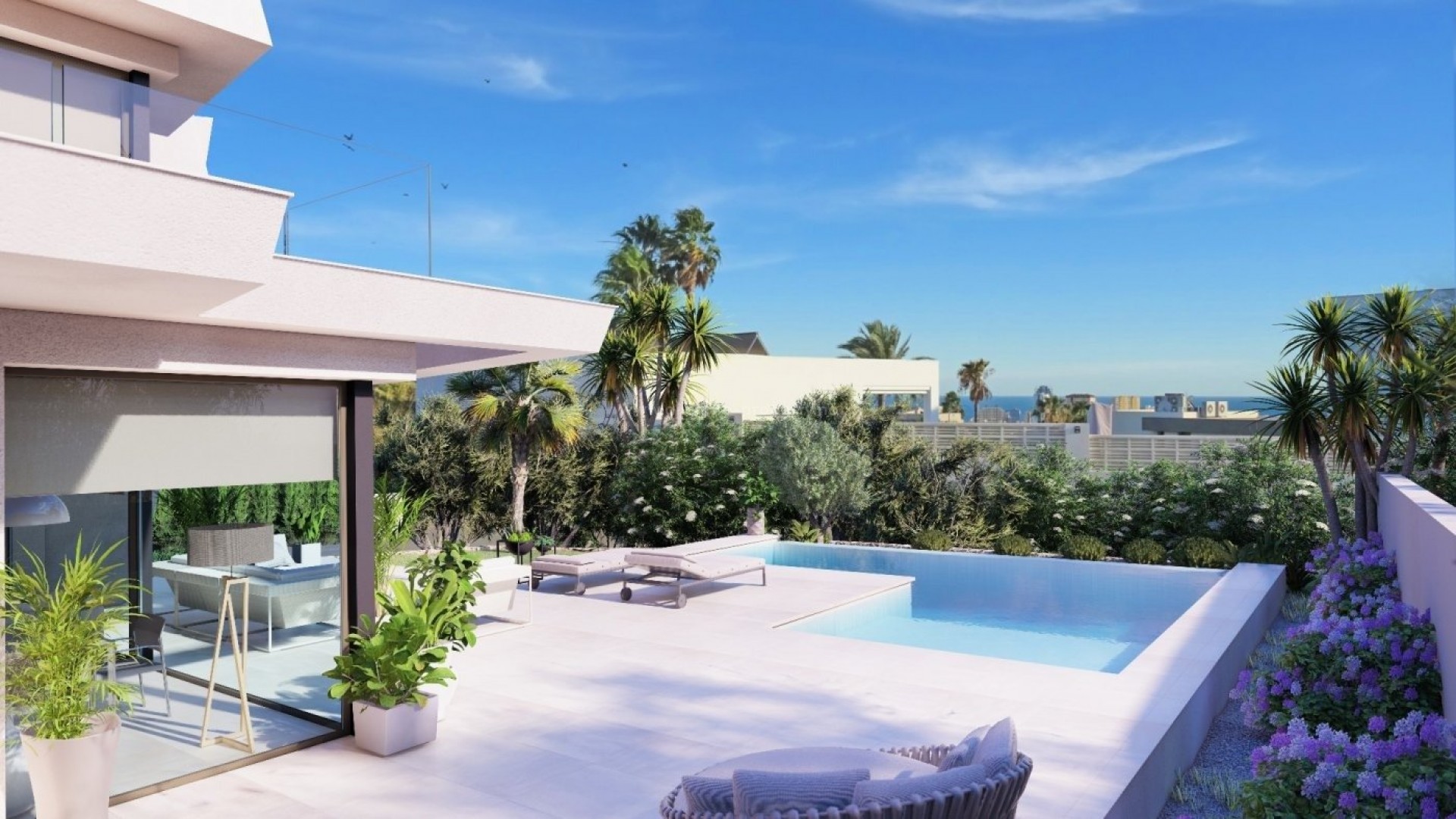 Luksus-villa i Calpe (Alicante) fordelt over to etasjer med 4 soverom og 4 bad, Fra alle rom har denne villaen panoramautsikt over Middelhavet. 