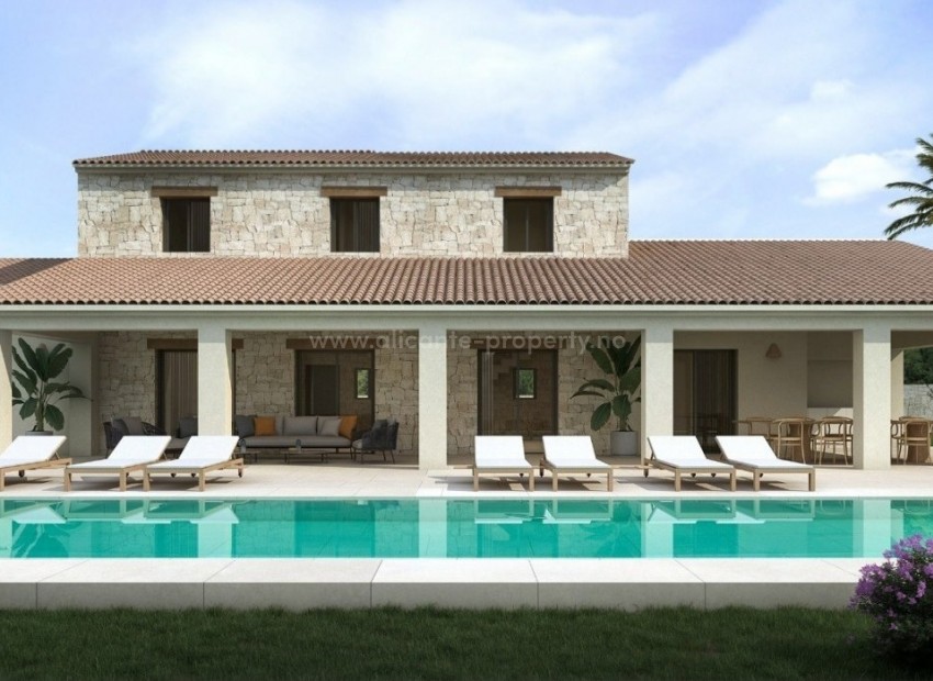 Luksus-villa i Moraira med havutsikt, 4 soverom, 4 bad, kjeller på 81m2 med vinkjeller, smarthus, uteplass med stort svømmebasseng