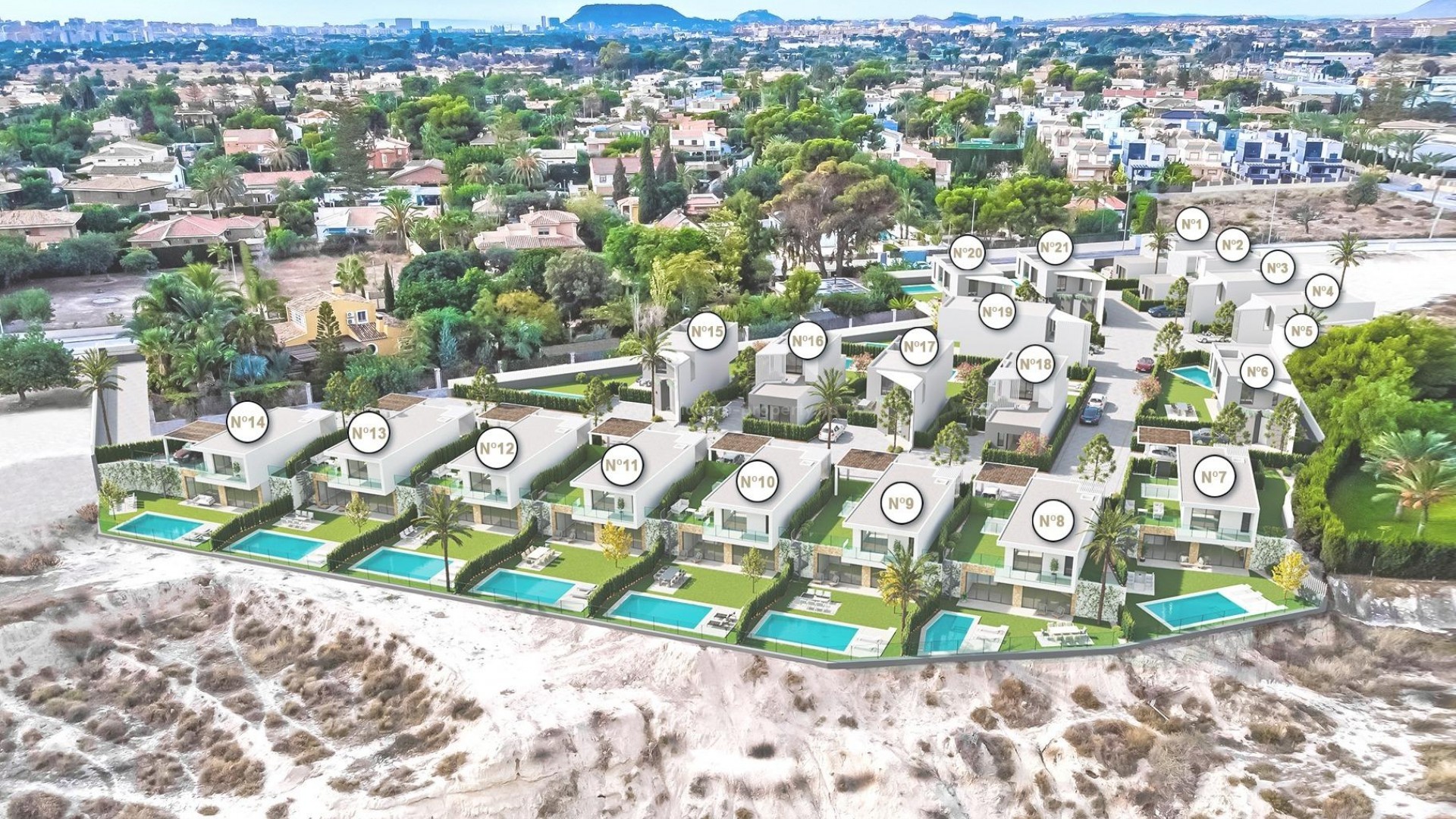 Luksus-villaer i San Juan de Alicante. 3 modeller og 21 villaer m/svømmebasseng og grøntområde.1200 meter til fantastike lange sandstrender og nær Alicante