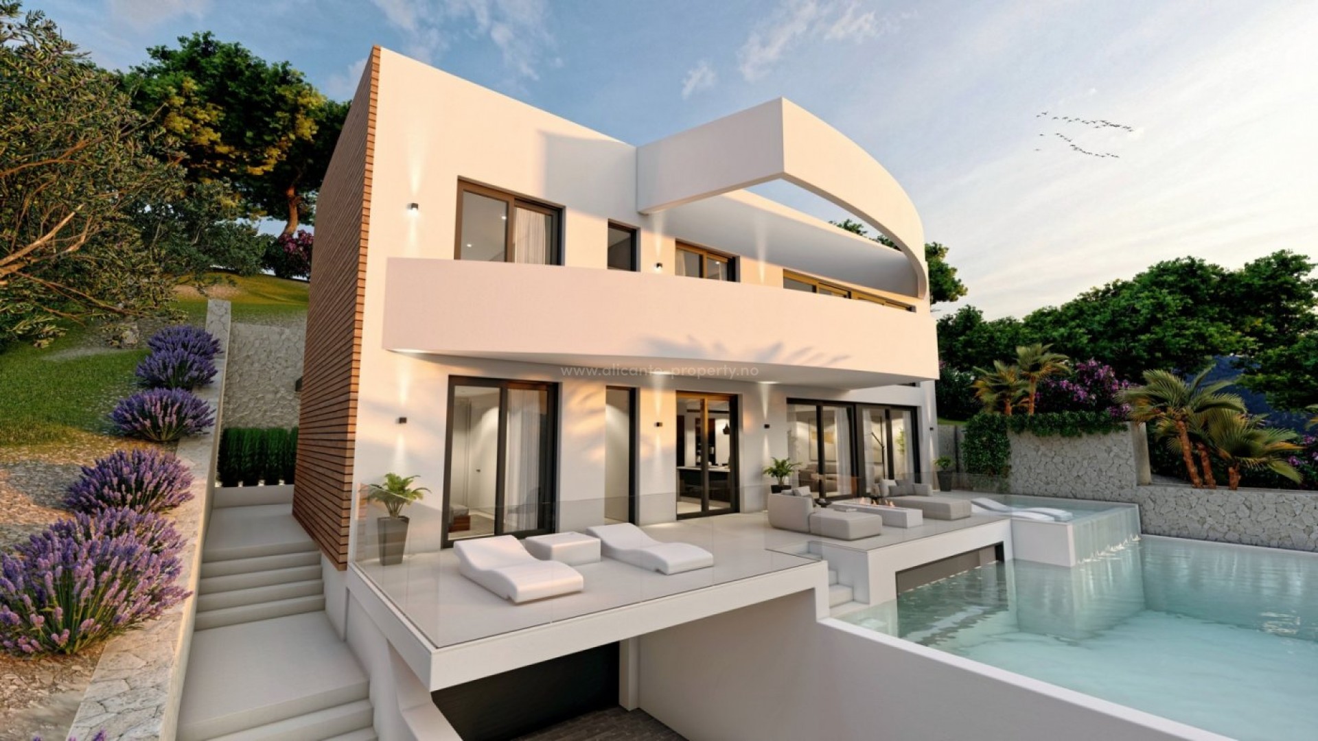 Luxury villa in Altea with 4 spacious bedrooms and 5 bathrooms, terrace at the rear of the property and a large pool terrace at the front with infinity pool