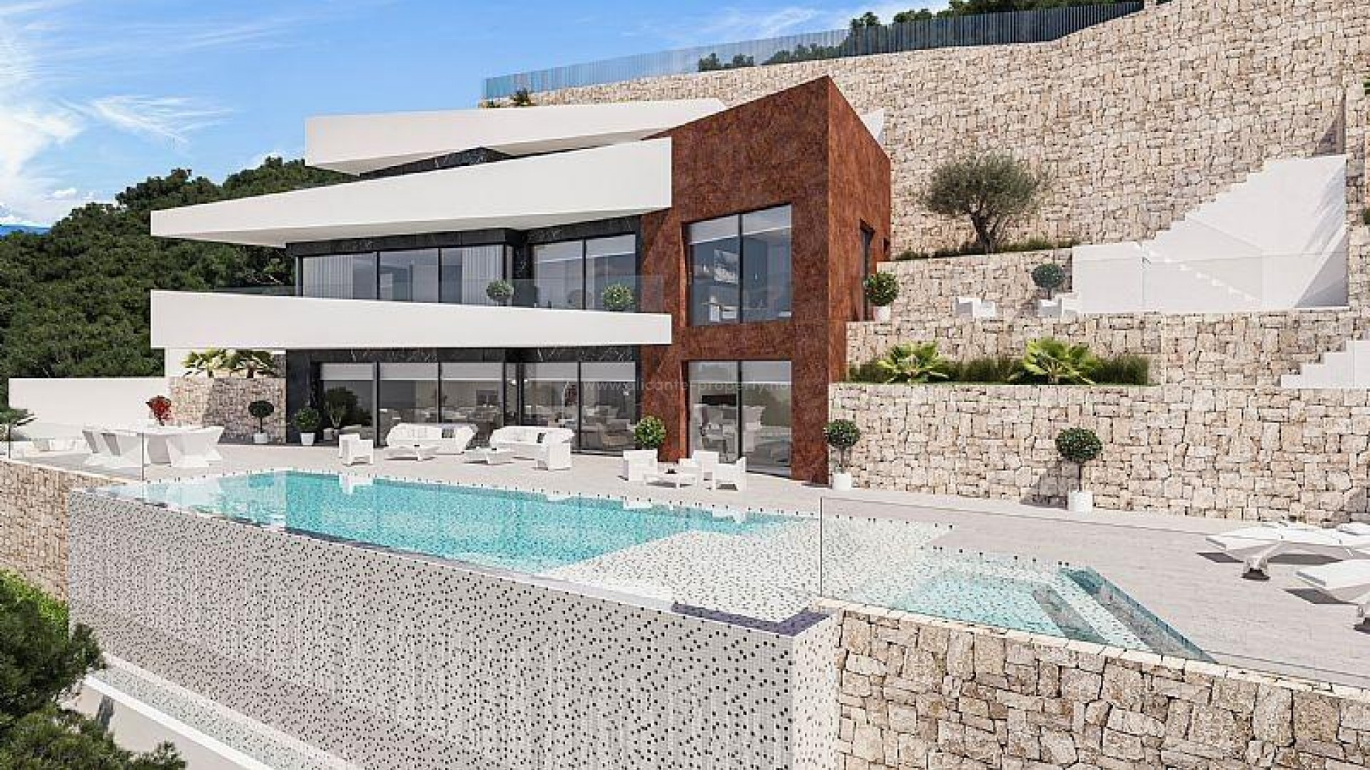 Luxury villa in Benissa, 4 bedrooms, 4 bathrooms, infinity pool, sea view, terraces, garage for 2 cars and lift, air conditioning, lift, barbecue, veranda, hot tub