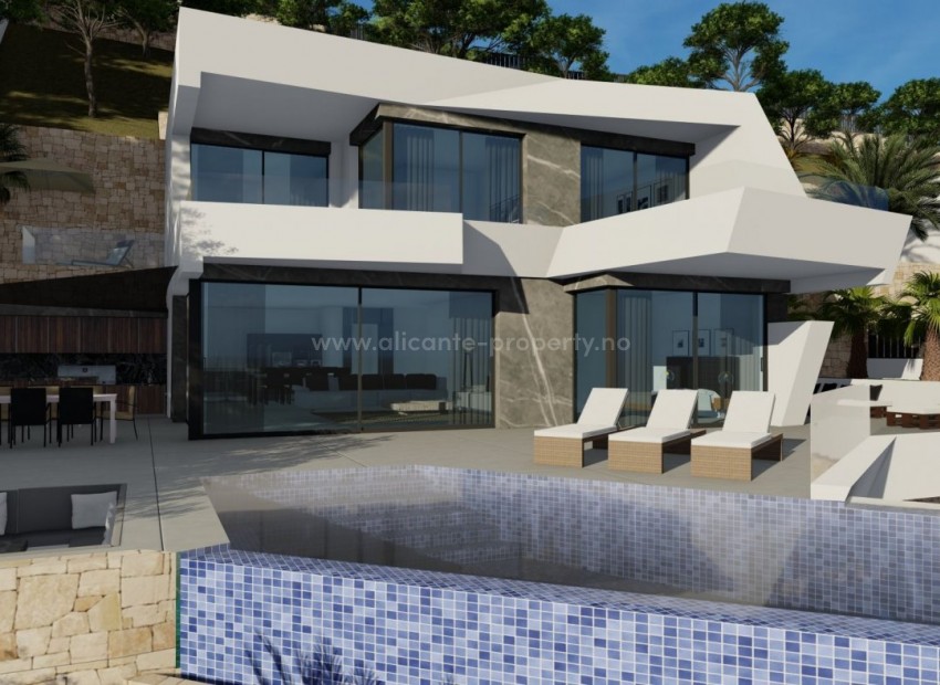 Luxury villa in Calpe with fantastic panoramic views, 4 bedrooms, 5 bathrooms, private garden with, air conditioning, lift, garage, parking, barbecue, veranda, jacuzzi