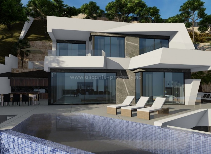 Luxury villa in Calpe with fantastic panoramic views, 4 bedrooms, 5 bathrooms, private garden with, air conditioning, lift, garage, parking, barbecue, veranda, jacuzzi