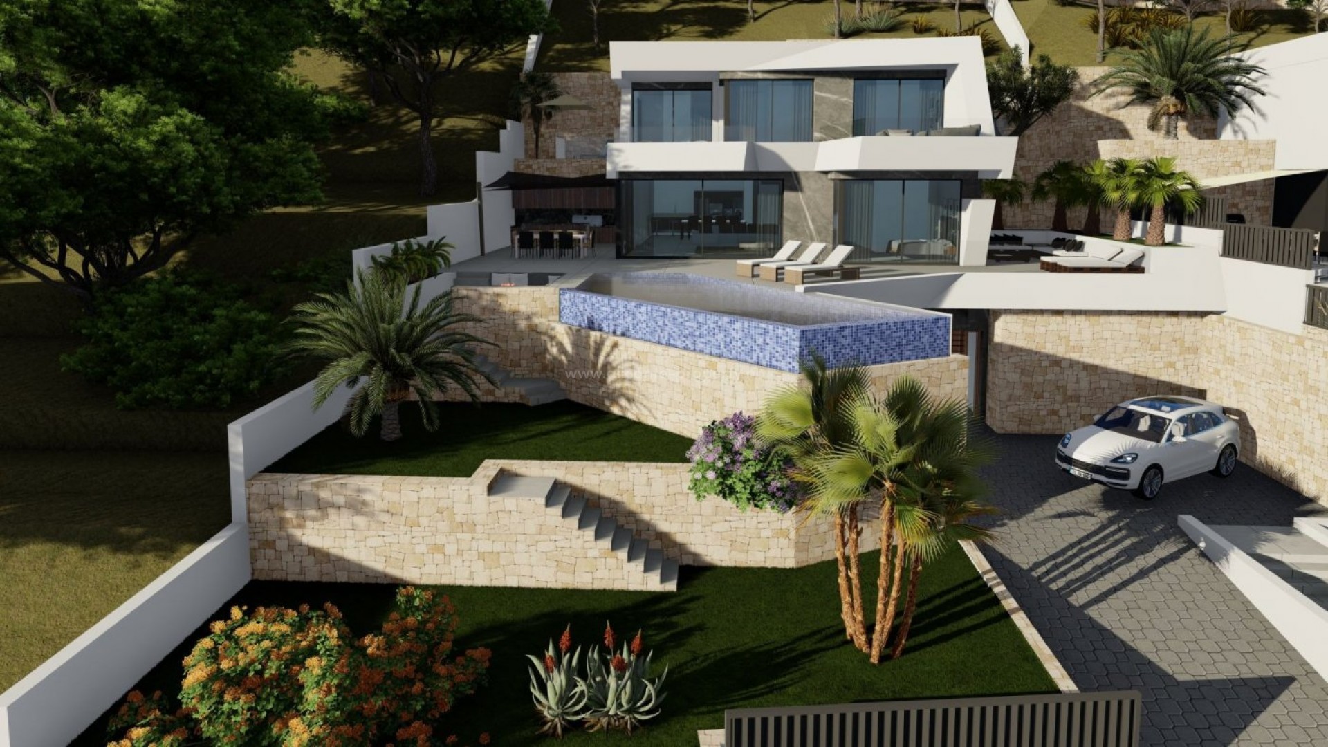 Luxury villa in Calpe with fantastic panoramic views, 4 bedrooms, 5 bathrooms, private garden with, air conditioning, lift, garage, parking, barbecue, veranda, jacuzzi