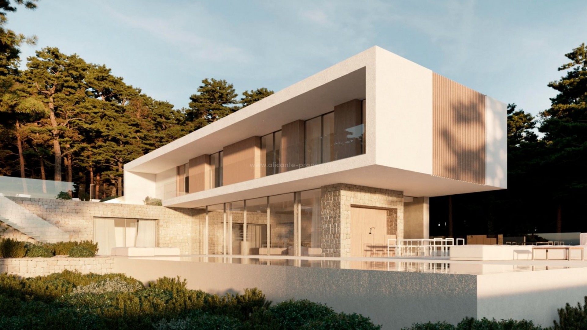 Luxury villa in Moraira with 3 floors, 5 bedrooms, 4 bathrooms, a total of 544m2, swimming pool with barbecue area, double garage. Everything very modern