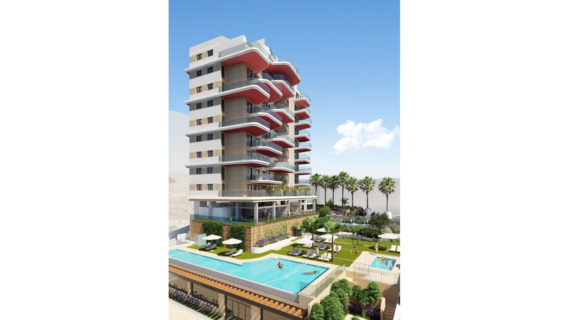 Modern flats/apartments in Calpe, Alicante province, 2/3 bedrooms, 2 bathrooms. Some with sea view. Great common area with swimming pool for adults and children.