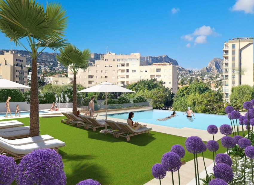 Modern flats/apartments in Calpe, Alicante province, 2/3 bedrooms, 2 bathrooms. Some with sea view. Great common area with swimming pool for adults and children.