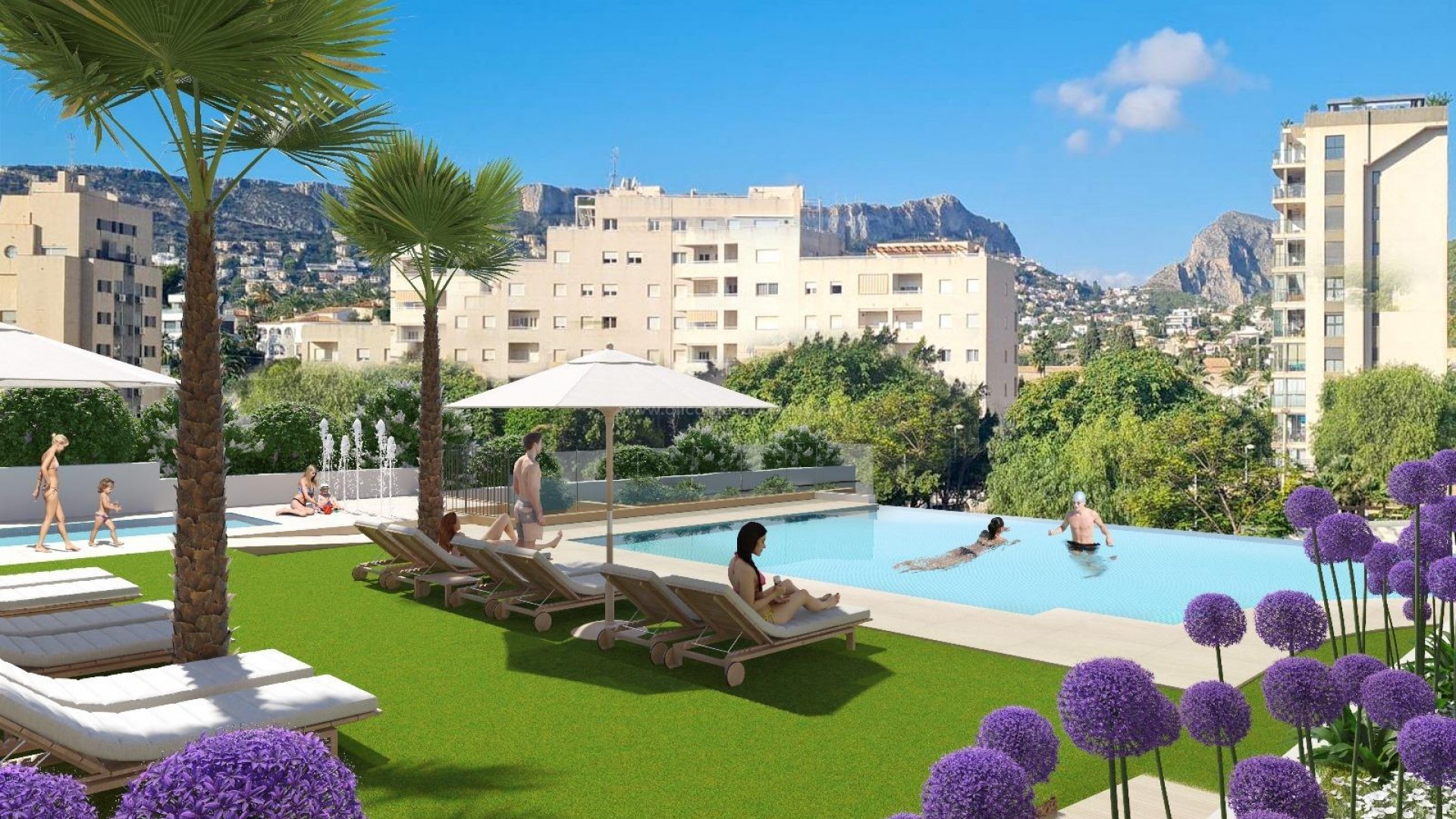 Modern flats/apartments in Calpe, Alicante province, 2/3 bedrooms, 2 bathrooms. Some with sea view. Great common area with swimming pool for adults and children.