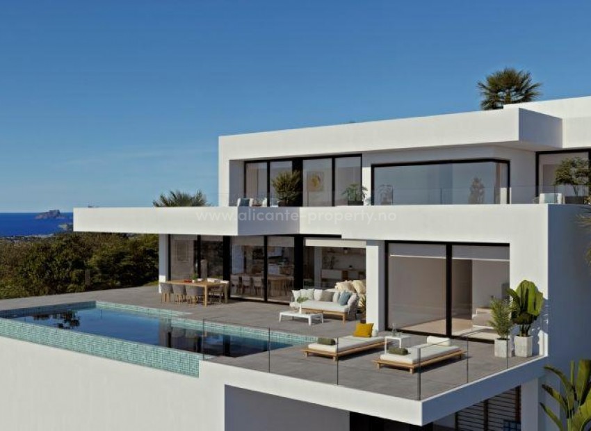 Modern luxury villa in Benitachell (Cumbres del Sol) with 4 bedrooms, 5 bathrooms, the main rooms are connected to the outside, with the pool terrace and veranda