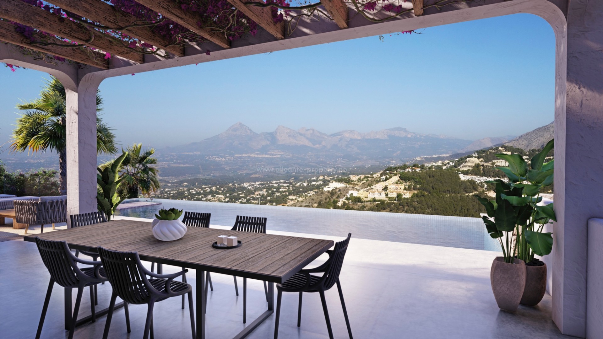 Modern luxury villa with incredible views in Altea Hills with 4 bedrooms and 4 bathrooms, infinity pool and several terraces. Parking for several cars