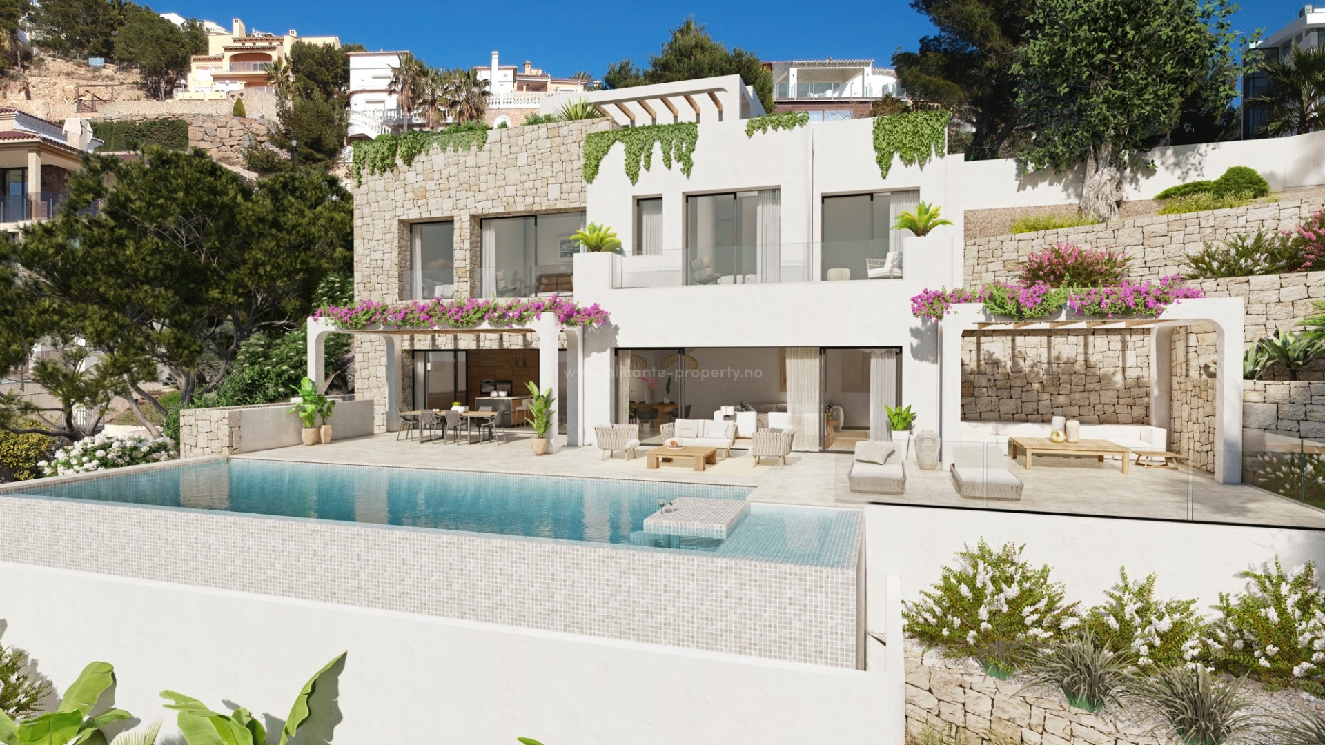 Modern luxury villa with incredible views in Altea Hills with 4 bedrooms and 4 bathrooms, infinity pool and several terraces. Parking for several cars