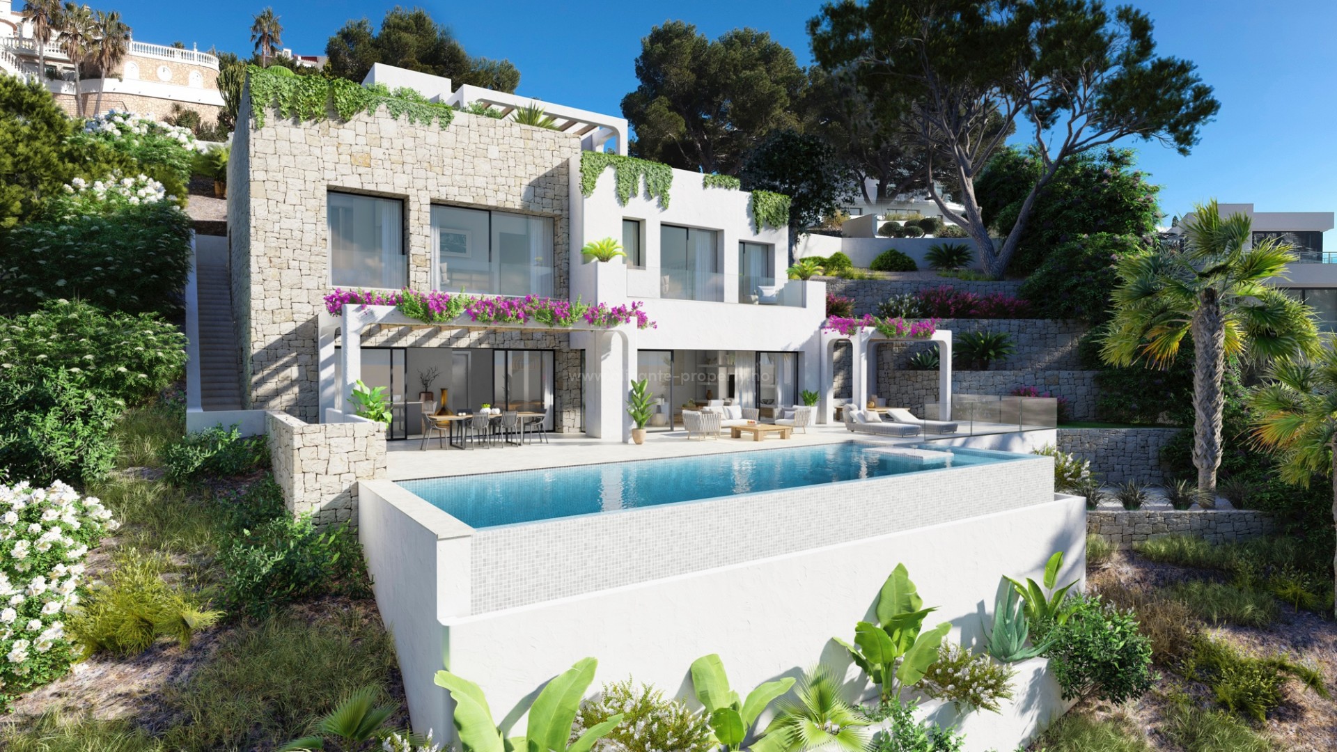 Modern luxury villa with incredible views in Altea Hills with 4 bedrooms and 4 bathrooms, infinity pool and several terraces. Parking for several cars
