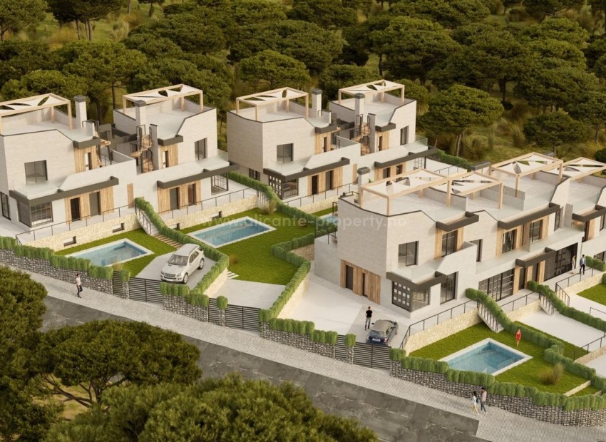 Modern townhouses and semi-detached houses in Polop, 3 spacious bedrooms, 2 bathrooms, swimming pool, several terraces and solarium, close to Benidorm and golf courses