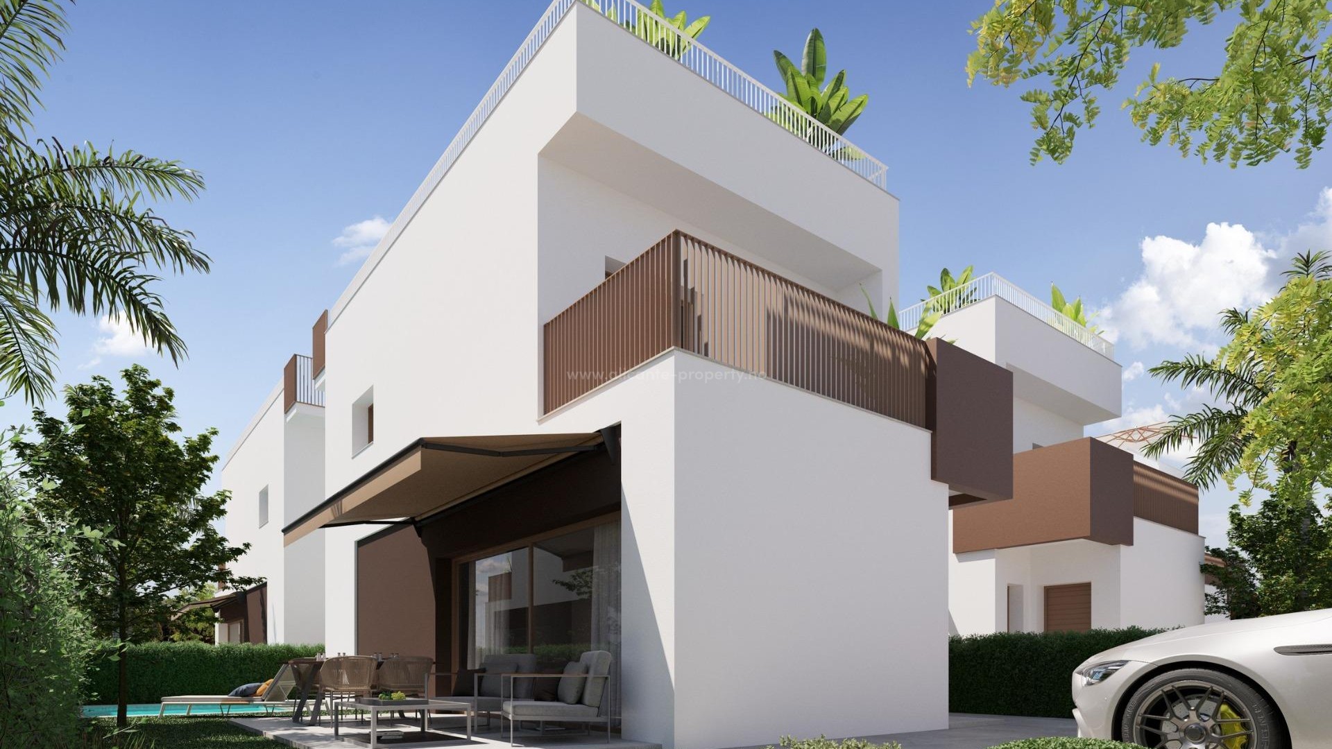 Modern villa 500 meters from Pinet beach in La Marina with 3 bedrooms and 3 bathrooms, private pool and terraces.