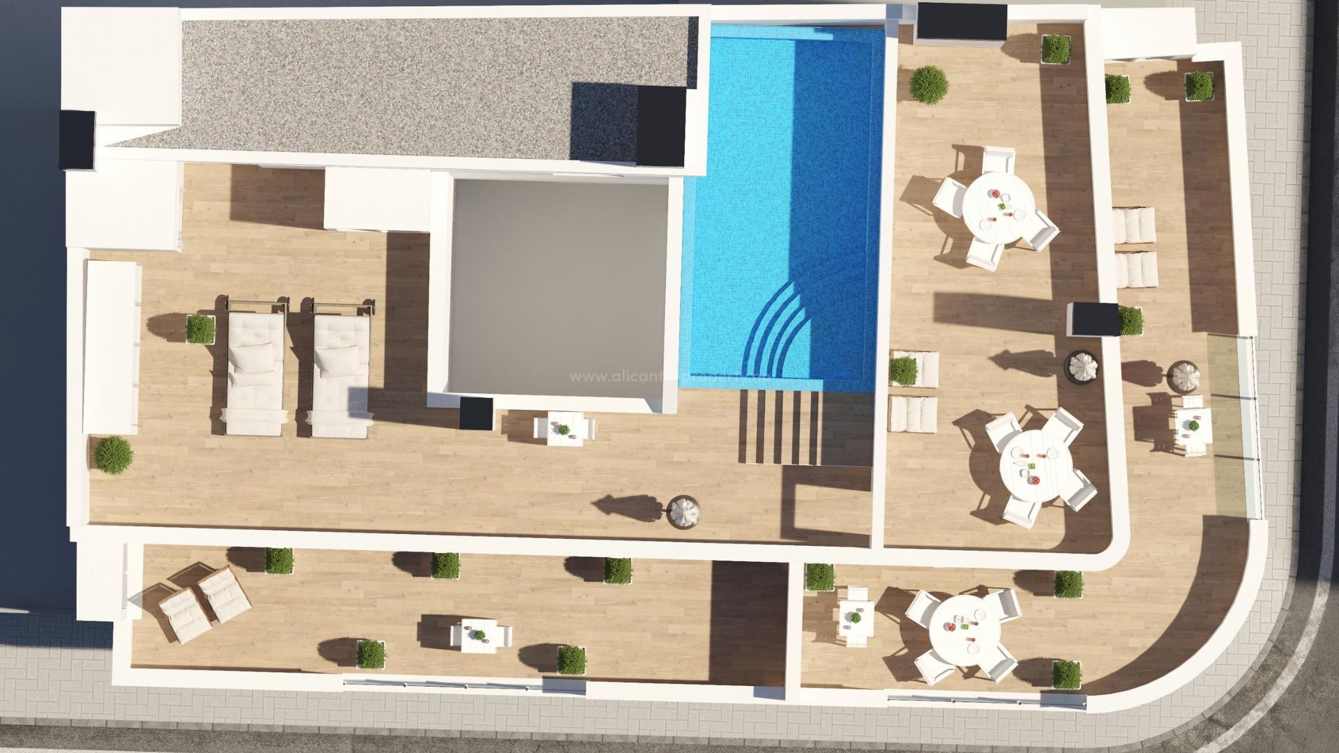 Moderne 17 eksklusive leiligheter/toppleiligheter i Torrevieja, 1/2 soverom, 1/2 bad, vakkert felles solarium med svømmebasseng