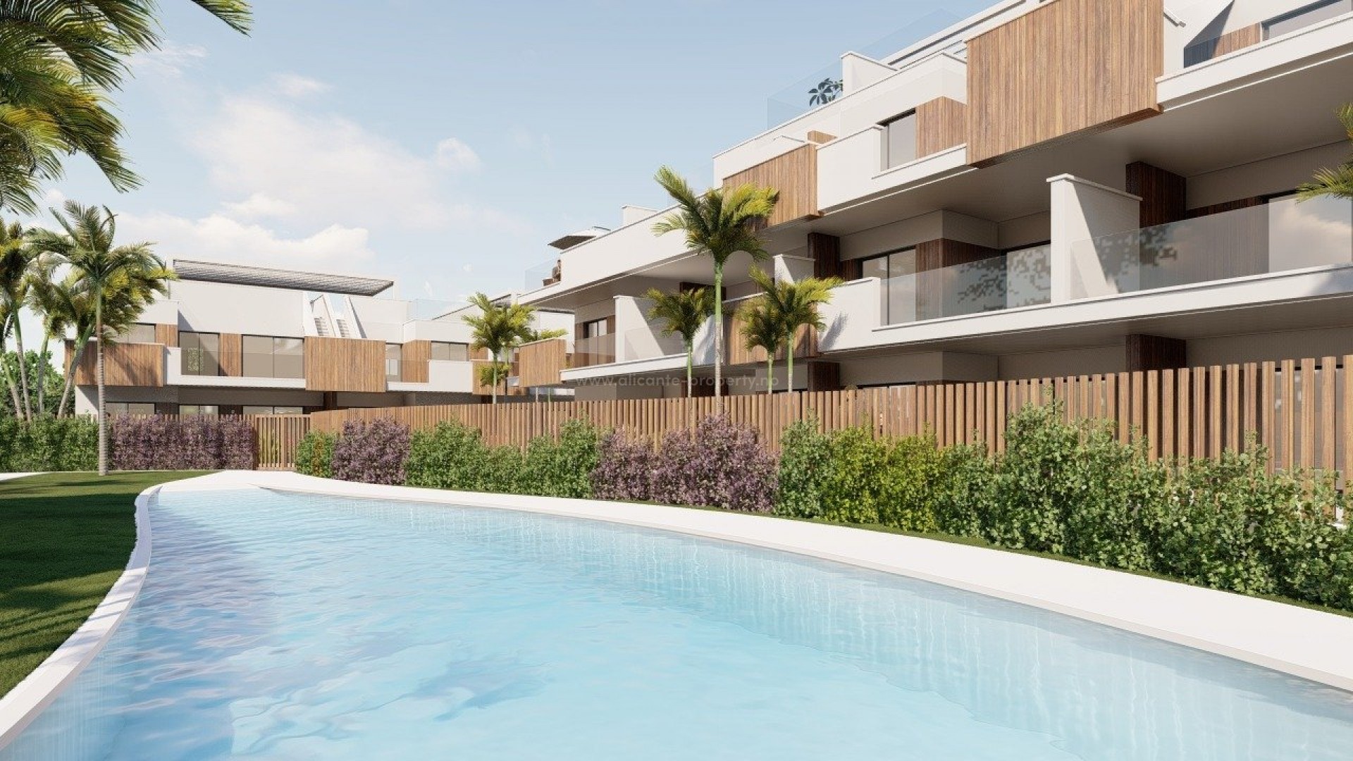 Moderne leiligheter og bungalow i Pilar de La Horadada, 2/3 soverom, 2 bad, stor felles hage med basseng, treningsstudio og lekeplass