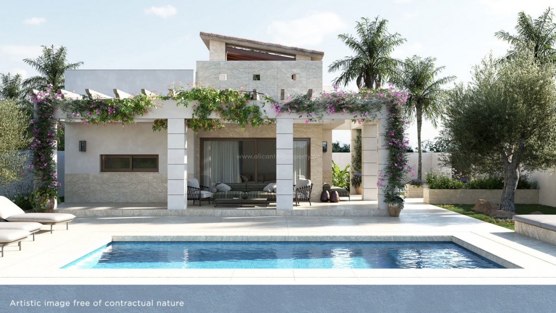 Moderne luksus-villa i Ciudad Quesada, 3 soverom, 2 bad, stort solarium, privat hage, svømmebasseng og parkeringsplass