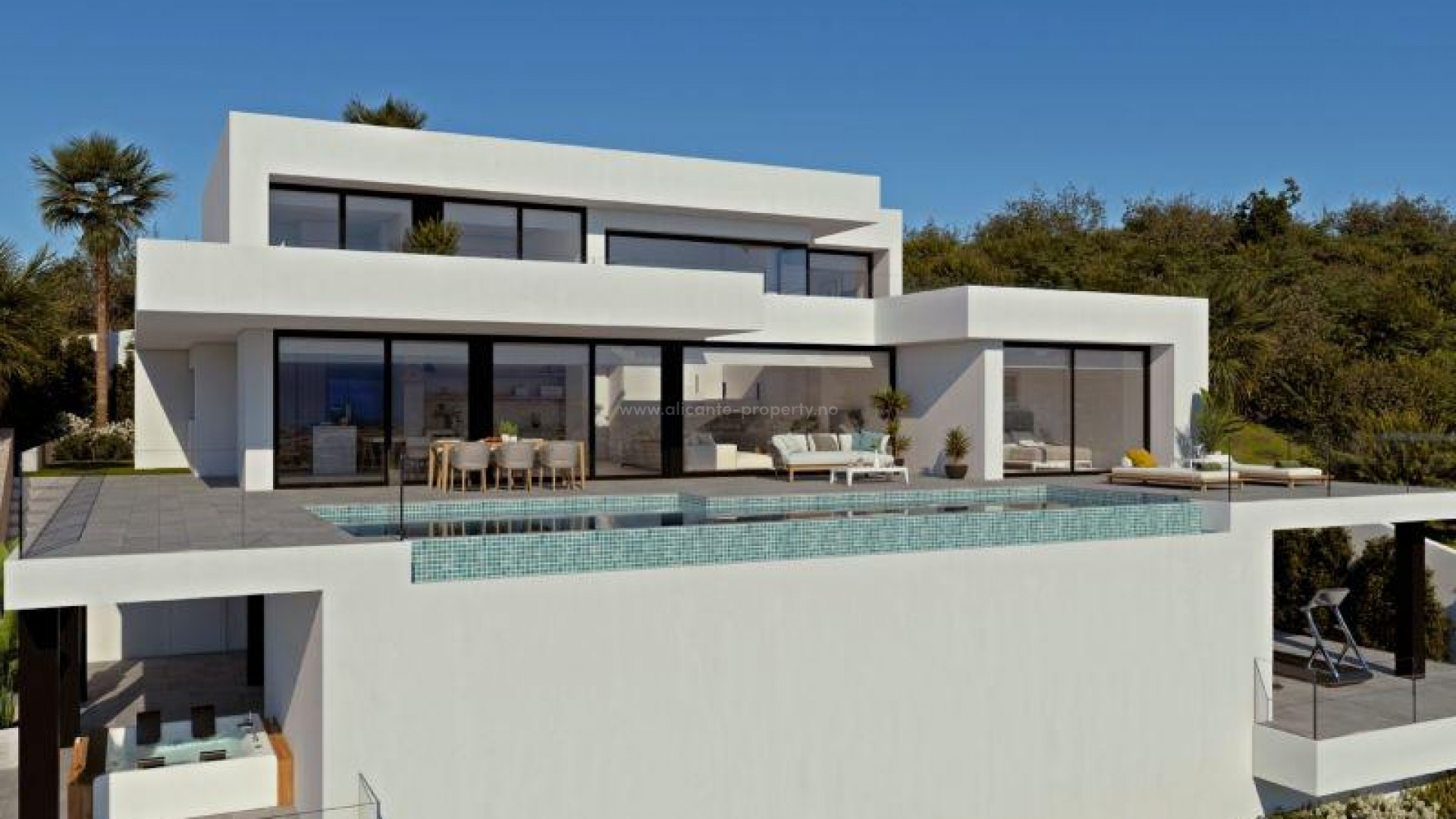 Moderne luksusvilla i Benitachell (Cumbres del Sol) med 4 soverom, 5 bad, hovedrommene er koblet til utsiden, med bassengterrassen og veranda