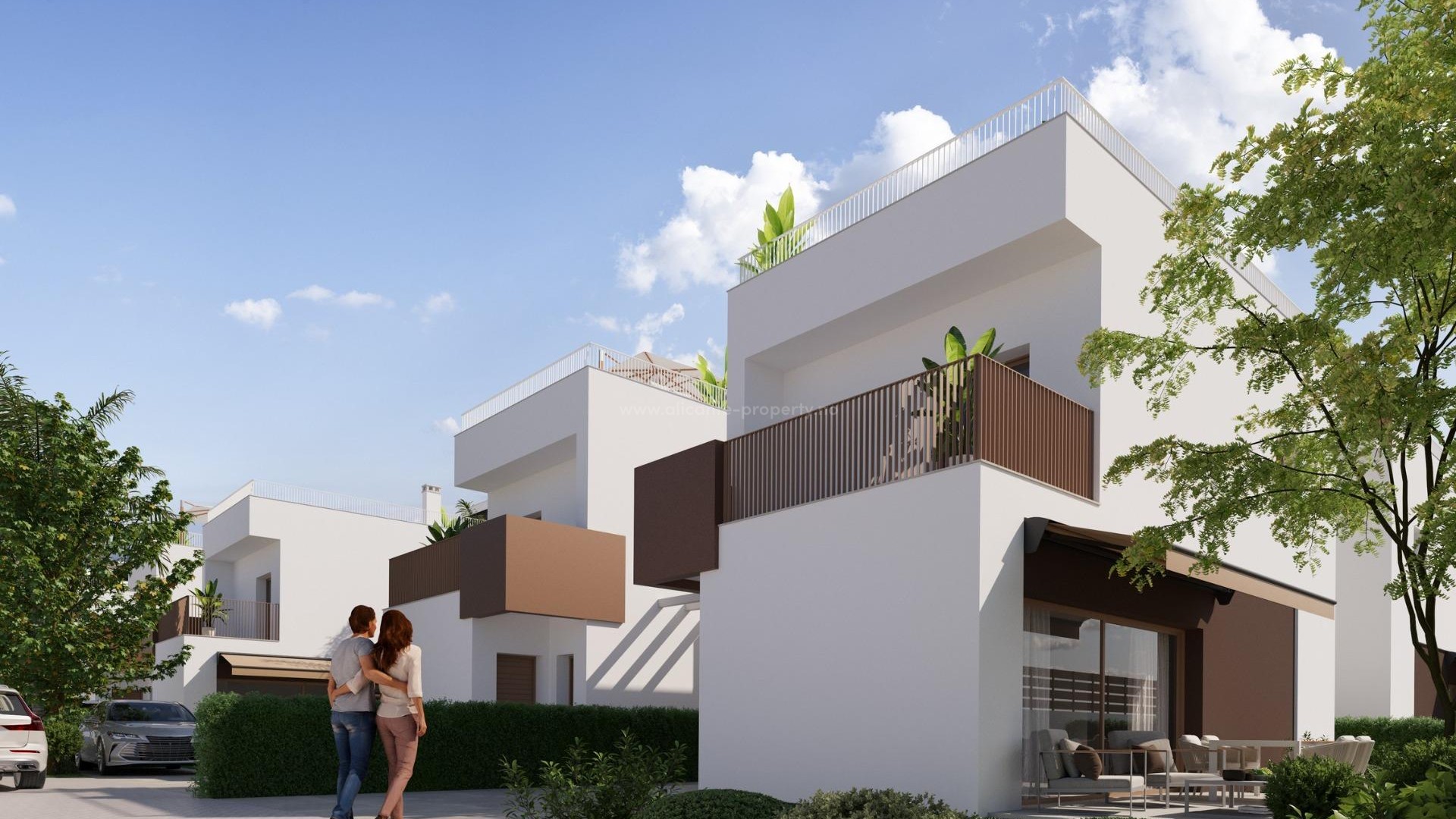 Moderne villa 500 meter fra Pinet-stranden i La Marina m/3 soverom og 3 bad, privat basseng og terrasser.