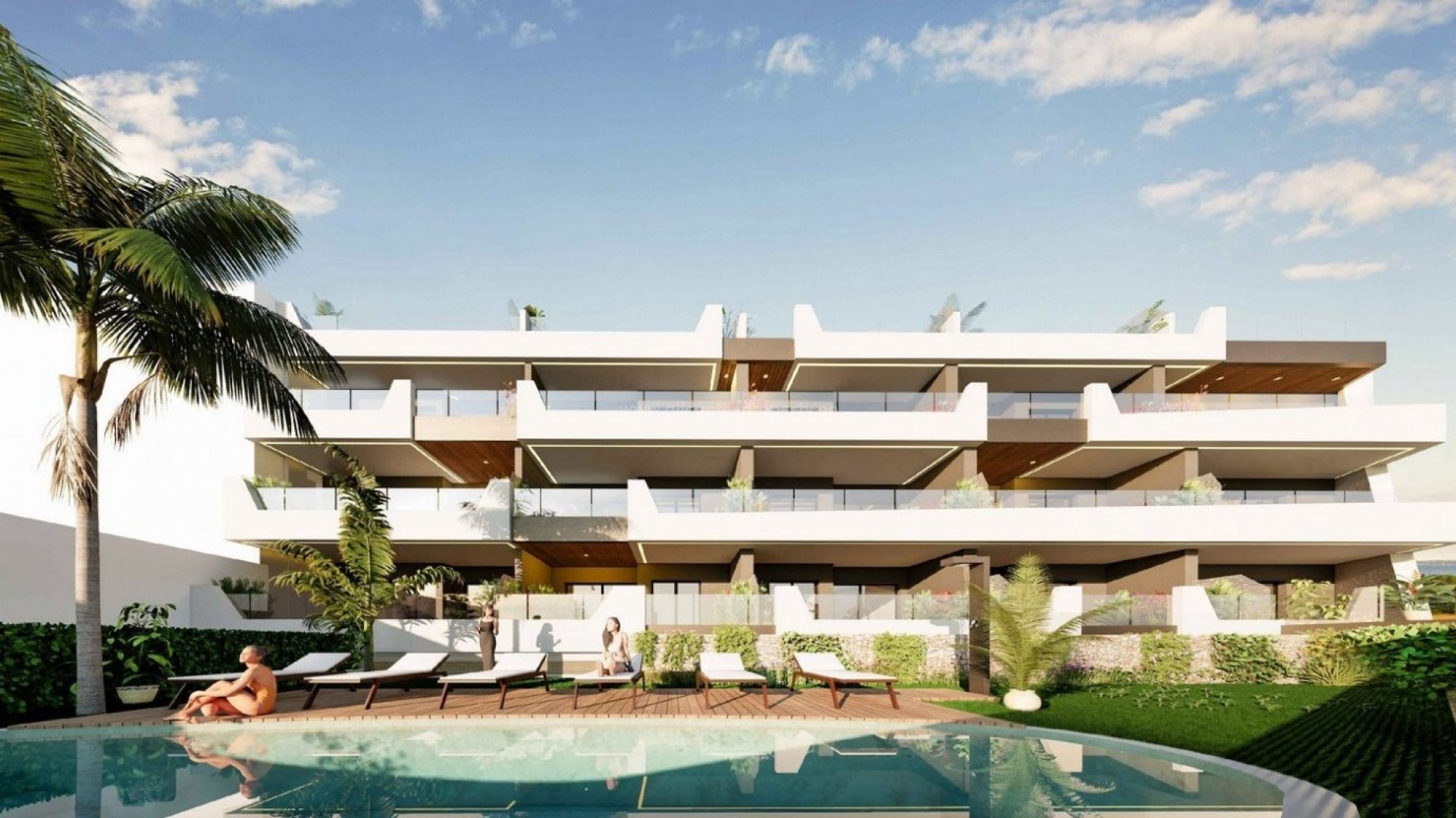 New apartments in Benijofar, Alicante, 2/3 bedrooms and 2 bathrooms, green area w/swimming pool. Several golf courses nearby. 10 min to beaches