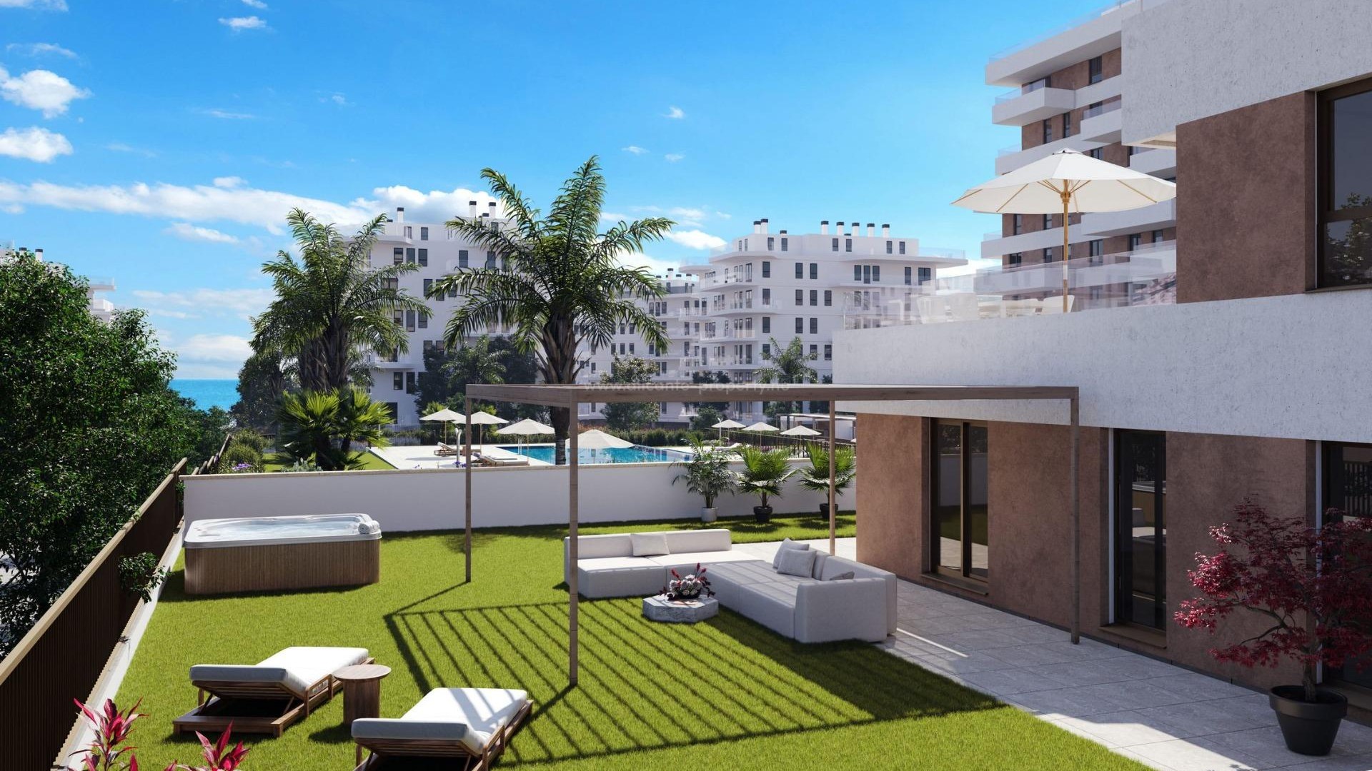 New apartments in Villajoyosa only 450 meters from the beach, 2/3 bedrooms, 2 bathrooms, swimming pool, gym, large terrace. 1 floor with private garden.