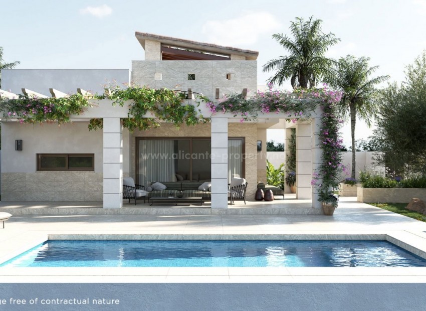 New beautiful houses/villas in Rojales, 3 bedrooms, 2 bathrooms, garden w/pool, solarium, just 2 minutes from La Marquesa Golf, town center 10 minutes away.