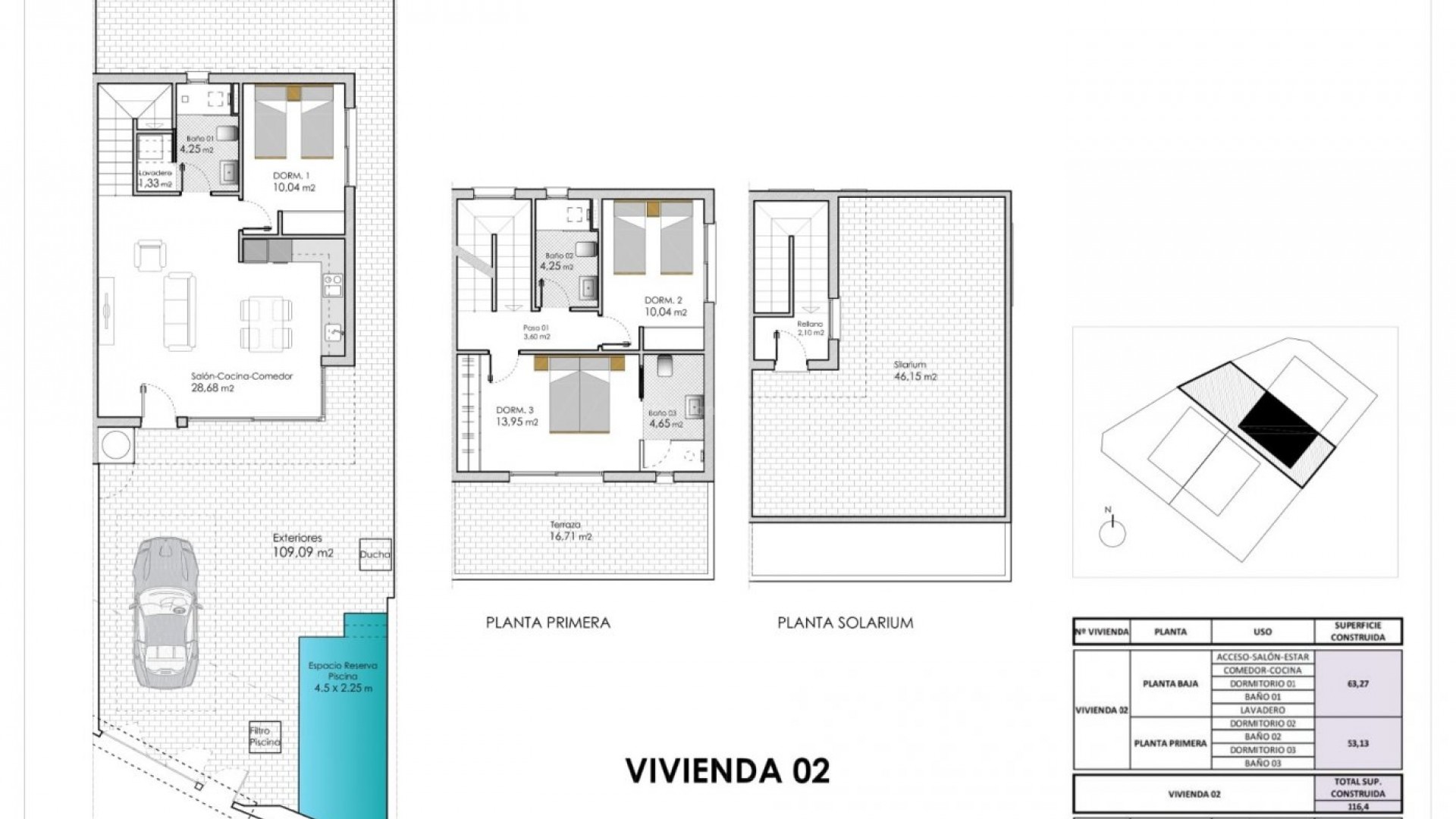 New build 4 semi-detached houses in Pilar de la Horadada, 3 bedrooms, 3 bathrooms, open plan kitchen with living room, garden with private pool and parking