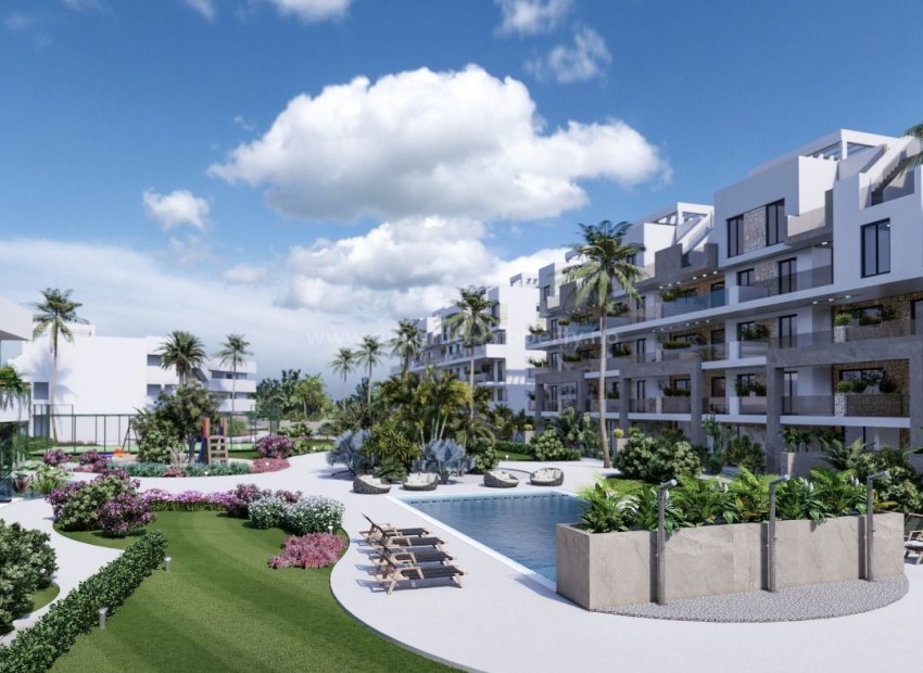 New build residential complex with apartments in El Raso, Guardamar del Segura, 2/3 bedrooms, 2 bathrooms, communal large open spaces, nature and swimming pools