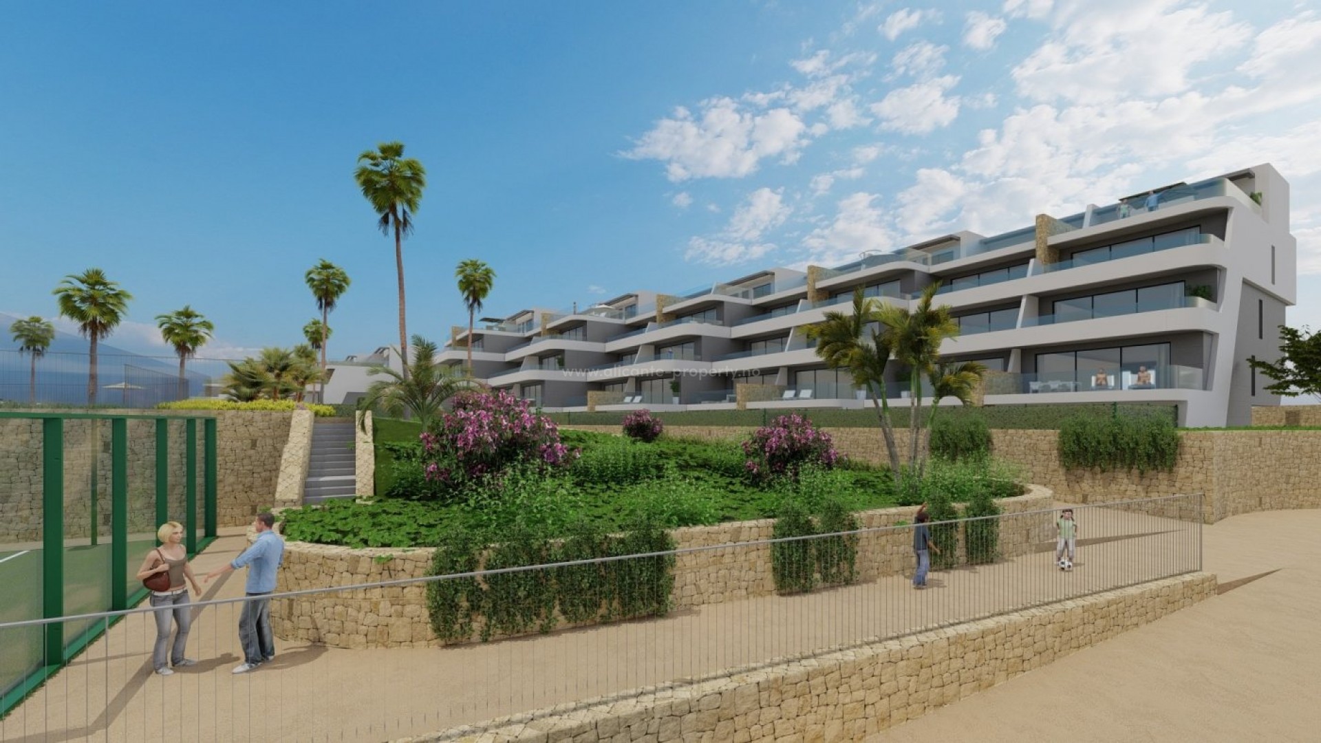 New building with small exclusive flats/bungalows in Camporrosso in Finestrat, 2 bedrooms, 2 bathrooms. Common area with infinity pool, gym, garden, meeting room