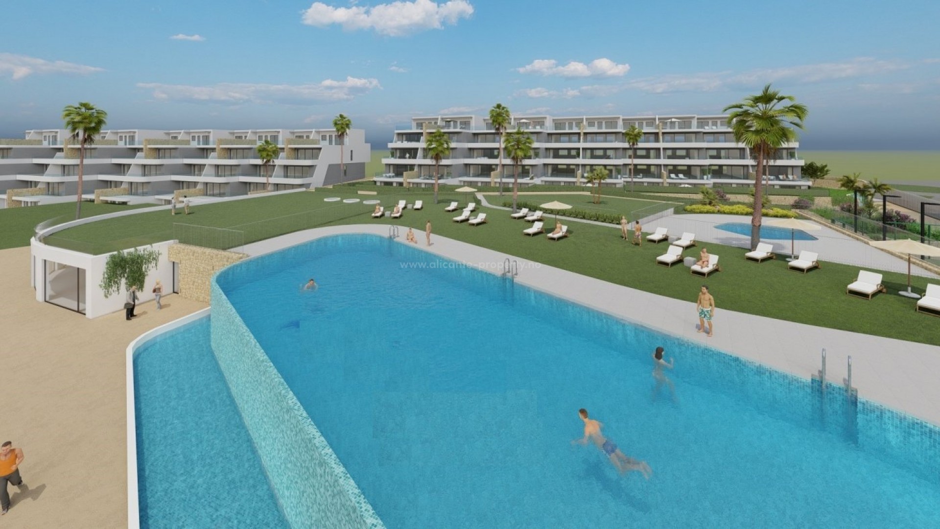 New building with small exclusive flats/bungalows in Camporrosso in Finestrat, 2 bedrooms, 2 bathrooms. Common area with infinity pool, gym, garden, meeting room