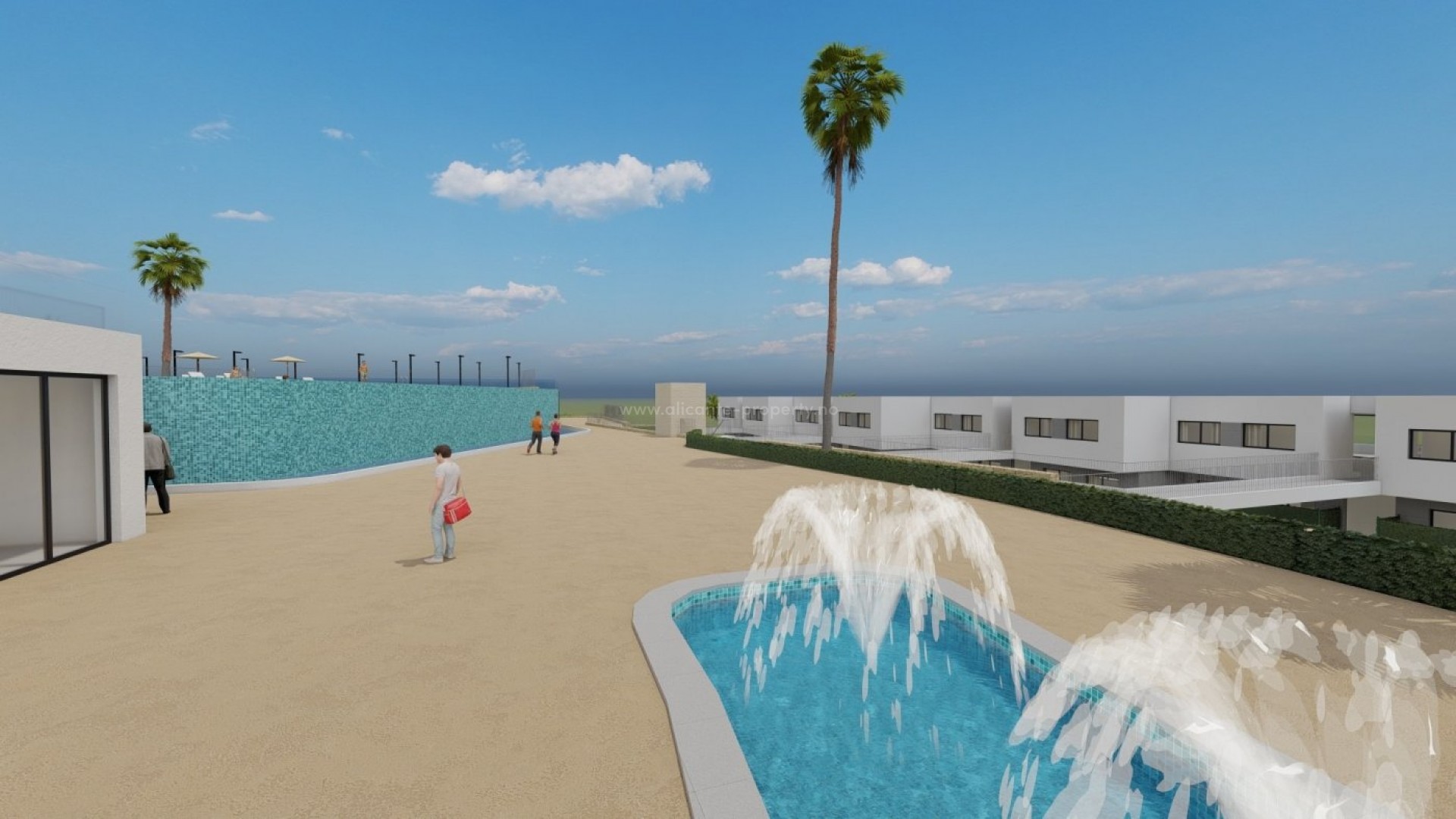 New building with small exclusive flats/bungalows in Camporrosso in Finestrat, 2 bedrooms, 2 bathrooms. Common area with infinity pool, gym, garden, meeting room